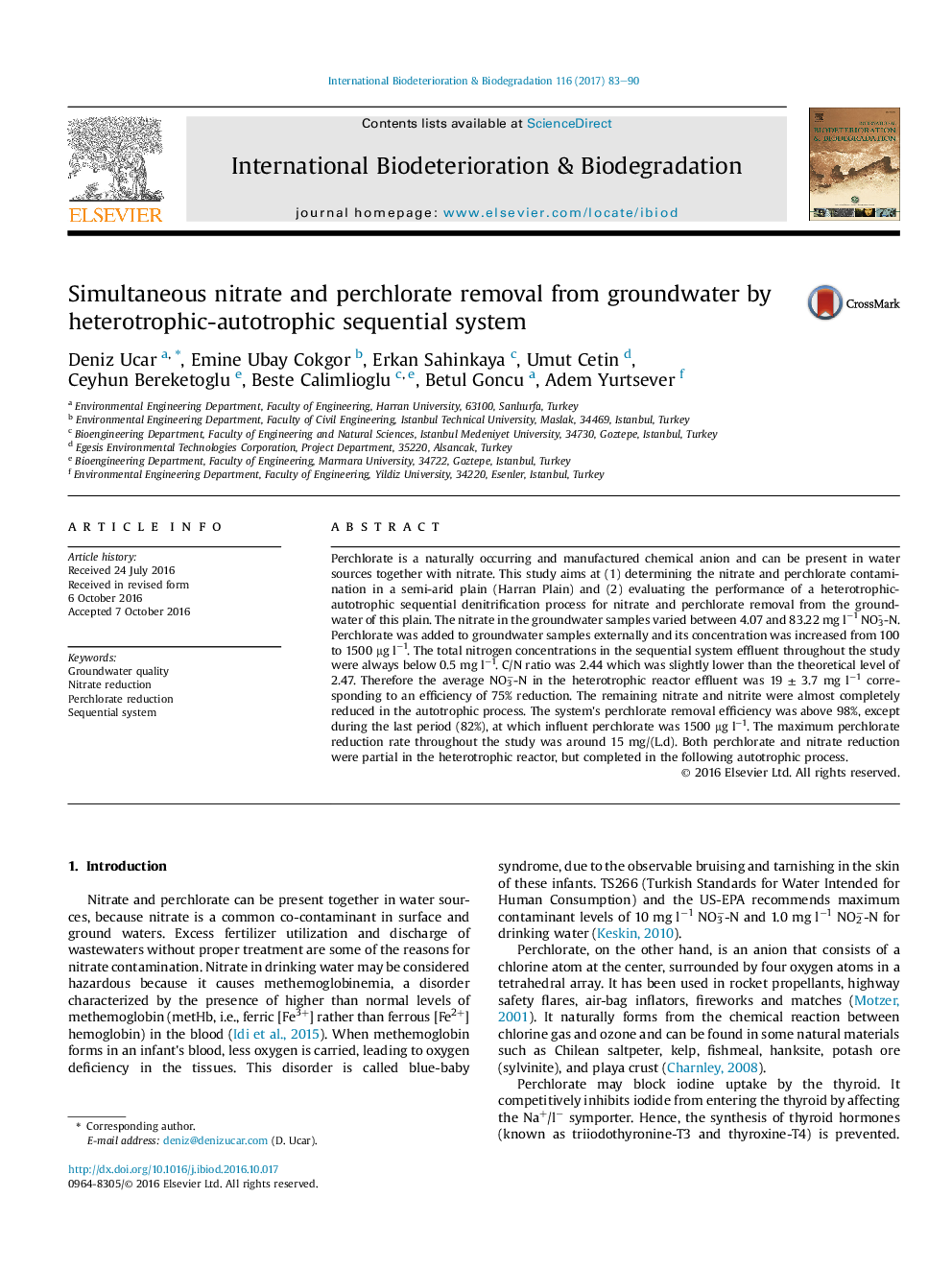 Simultaneous nitrate and perchlorate removal from groundwater by heterotrophic-autotrophic sequential system