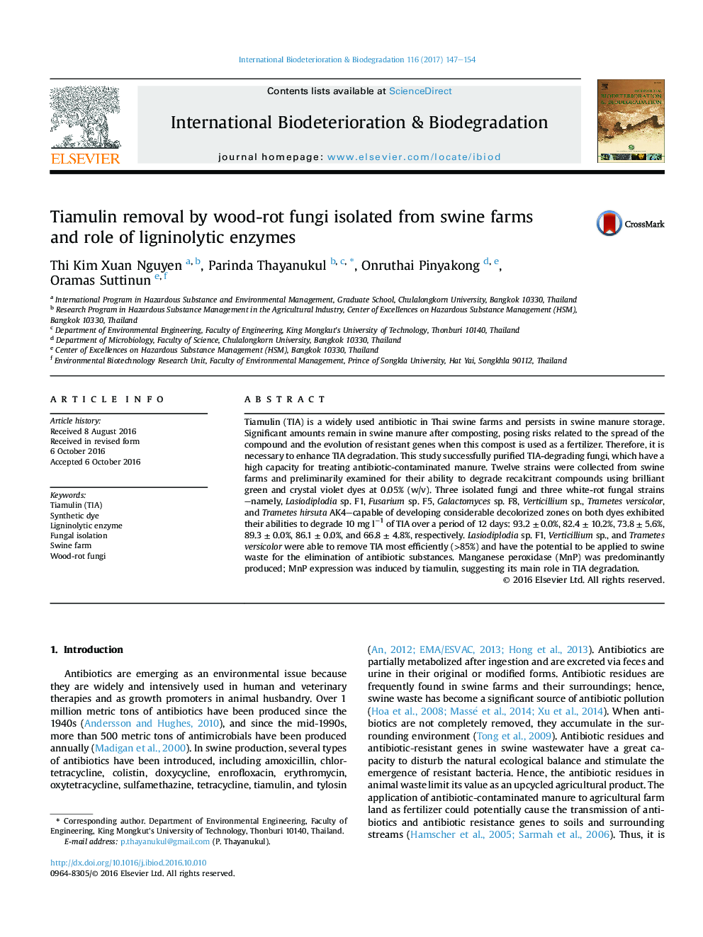 Tiamulin removal by wood-rot fungi isolated from swine farms andÂ role of ligninolytic enzymes