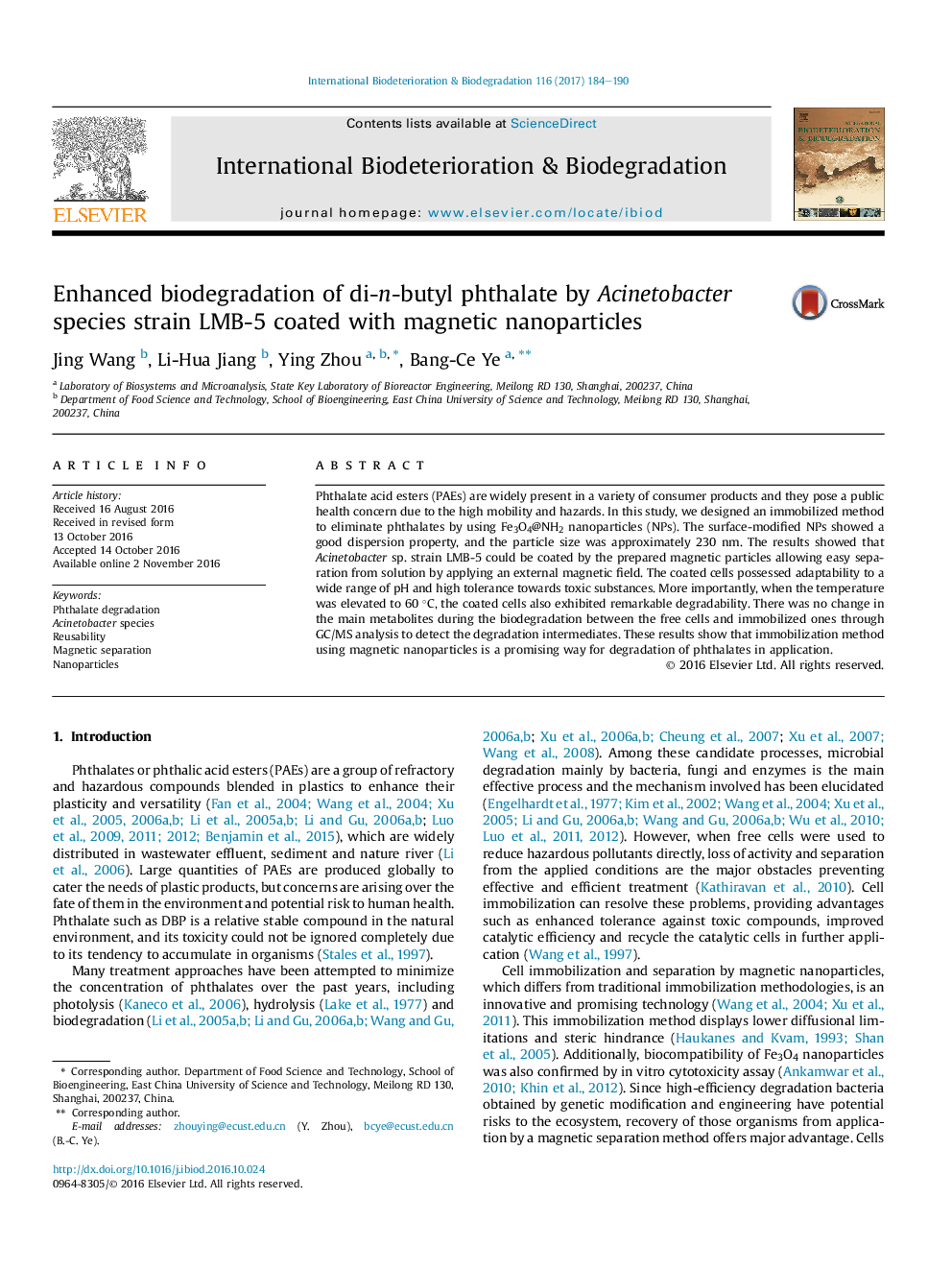 Enhanced biodegradation of di-n-butyl phthalate by Acinetobacter species strain LMB-5 coated with magnetic nanoparticles