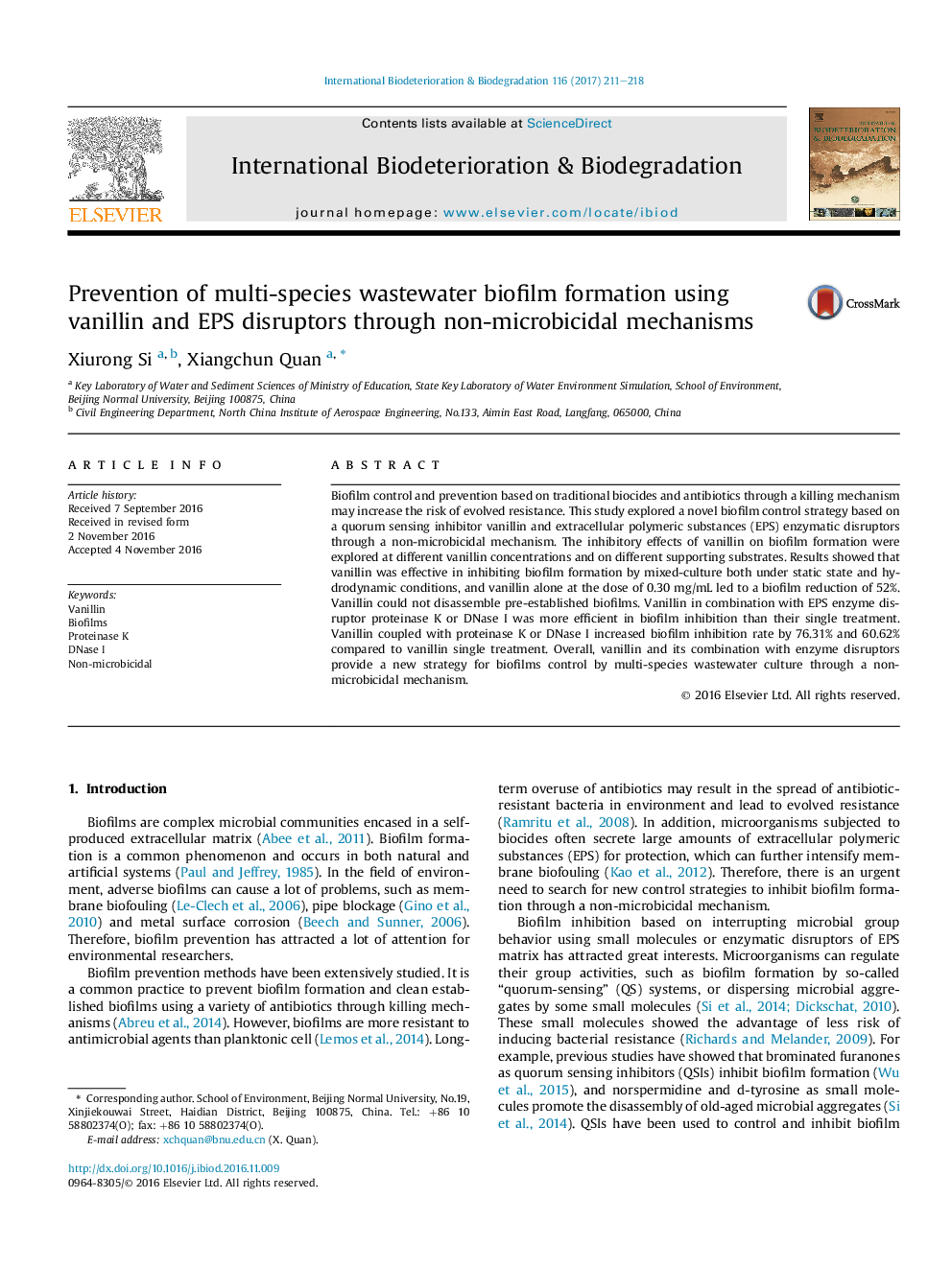 Prevention of multi-species wastewater biofilm formation using vanillin and EPS disruptors through non-microbicidal mechanisms