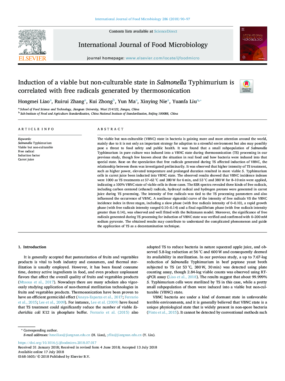 Induction of a viable but non-culturable state in Salmonella Typhimurium is correlated with free radicals generated by thermosonication