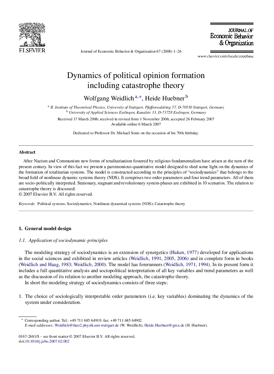 Dynamics of political opinion formation including catastrophe theory