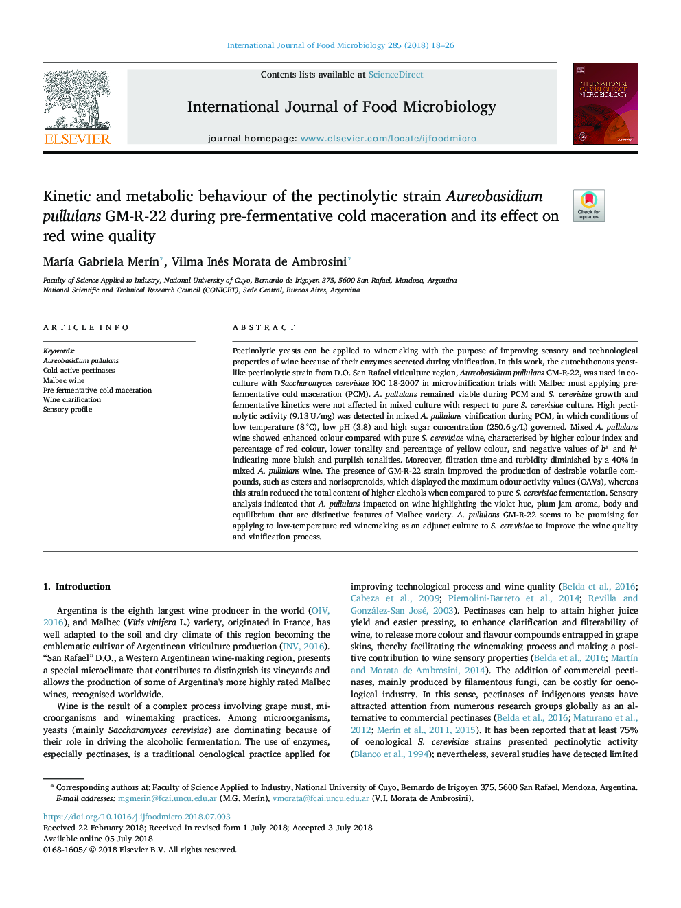 Kinetic and metabolic behaviour of the pectinolytic strain Aureobasidium pullulans GM-R-22 during pre-fermentative cold maceration and its effect on red wine quality