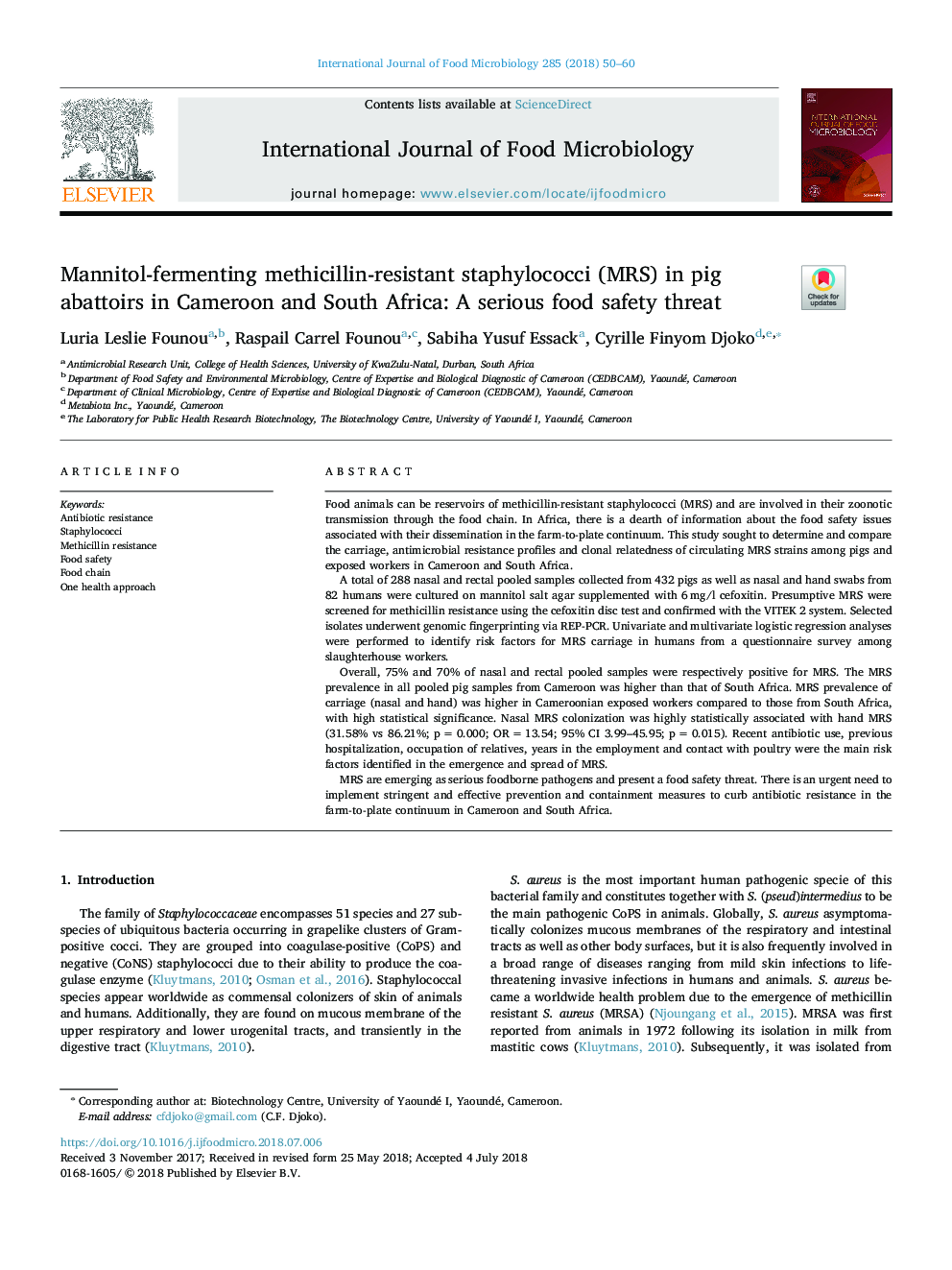 عکس صفحه اول مقاله: Mannitol-fermenting methicillin-resistant staphylococci (MRS) in pig abattoirs in Cameroon and South Africa: A serious food safety threat Mannitol-fermenting methicillin-resistant staphylococci (MRS) in pig abattoirs in Cameroon and South Africa: A serious food safety threat