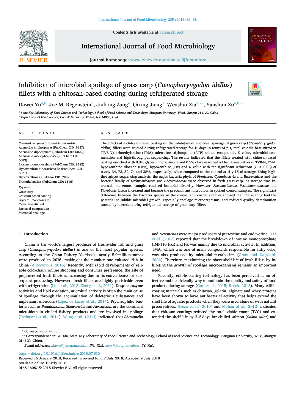 Inhibition of microbial spoilage of grass carp (Ctenopharyngodon idellus) fillets with a chitosan-based coating during refrigerated storage