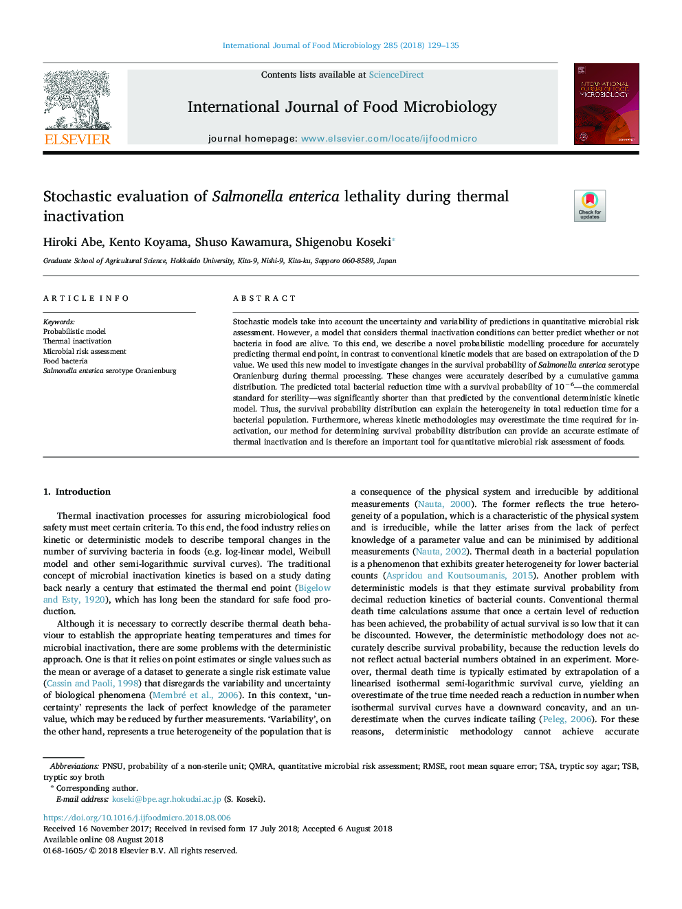 Stochastic evaluation of Salmonella enterica lethality during thermal inactivation