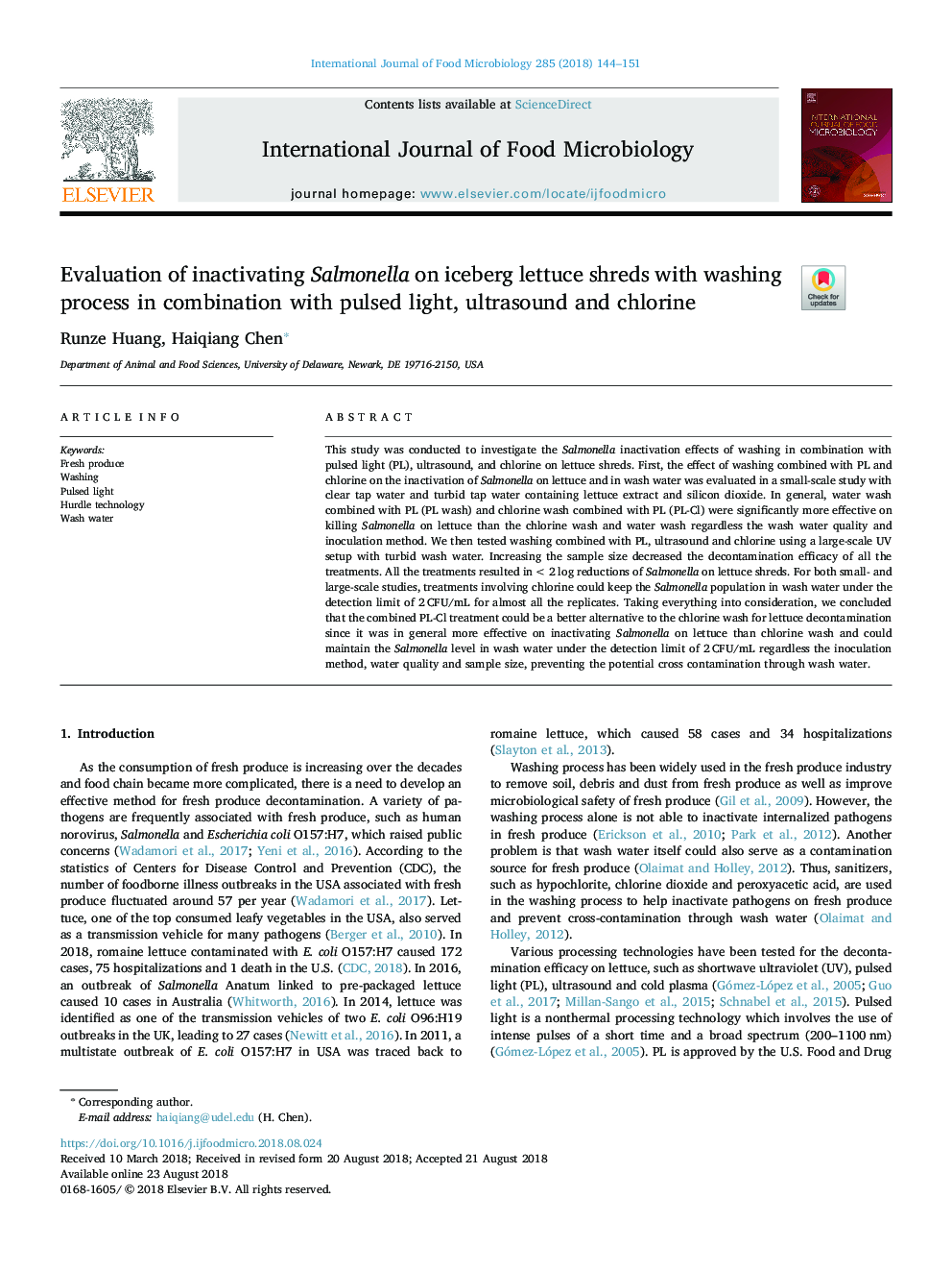 Evaluation of inactivating Salmonella on iceberg lettuce shreds with washing process in combination with pulsed light, ultrasound and chlorine