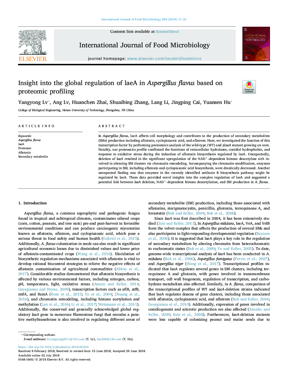 Insight into the global regulation of laeA in Aspergillus flavus based on proteomic profiling
