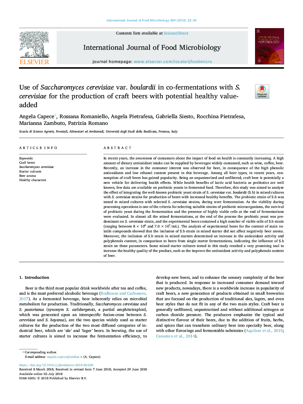 Use of Saccharomyces cerevisiae var. boulardii in co-fermentations with S. cerevisiae for the production of craft beers with potential healthy value-added