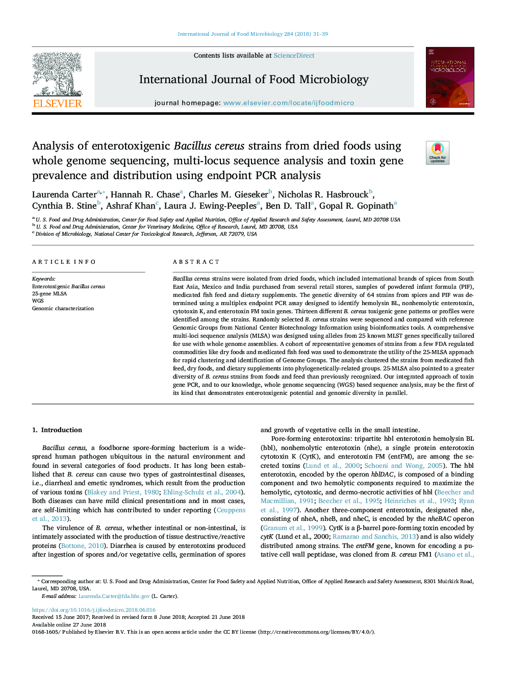 Analysis of enterotoxigenic Bacillus cereus strains from dried foods using whole genome sequencing, multi-locus sequence analysis and toxin gene prevalence and distribution using endpoint PCR analysis