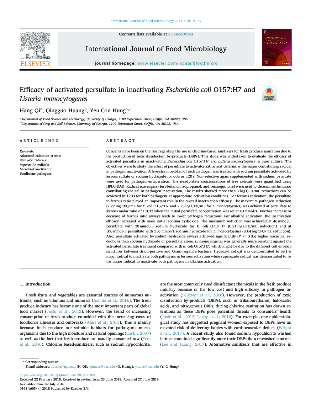 Efficacy of activated persulfate in inactivating Escherichia coli O157:H7 and Listeria monocytogenes