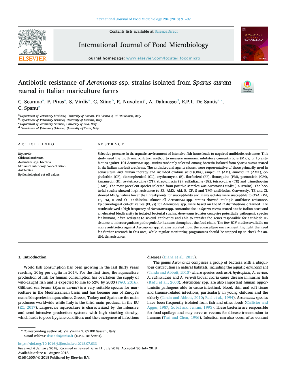 Antibiotic resistance of Aeromonas ssp. strains isolated from Sparus aurata reared in Italian mariculture farms