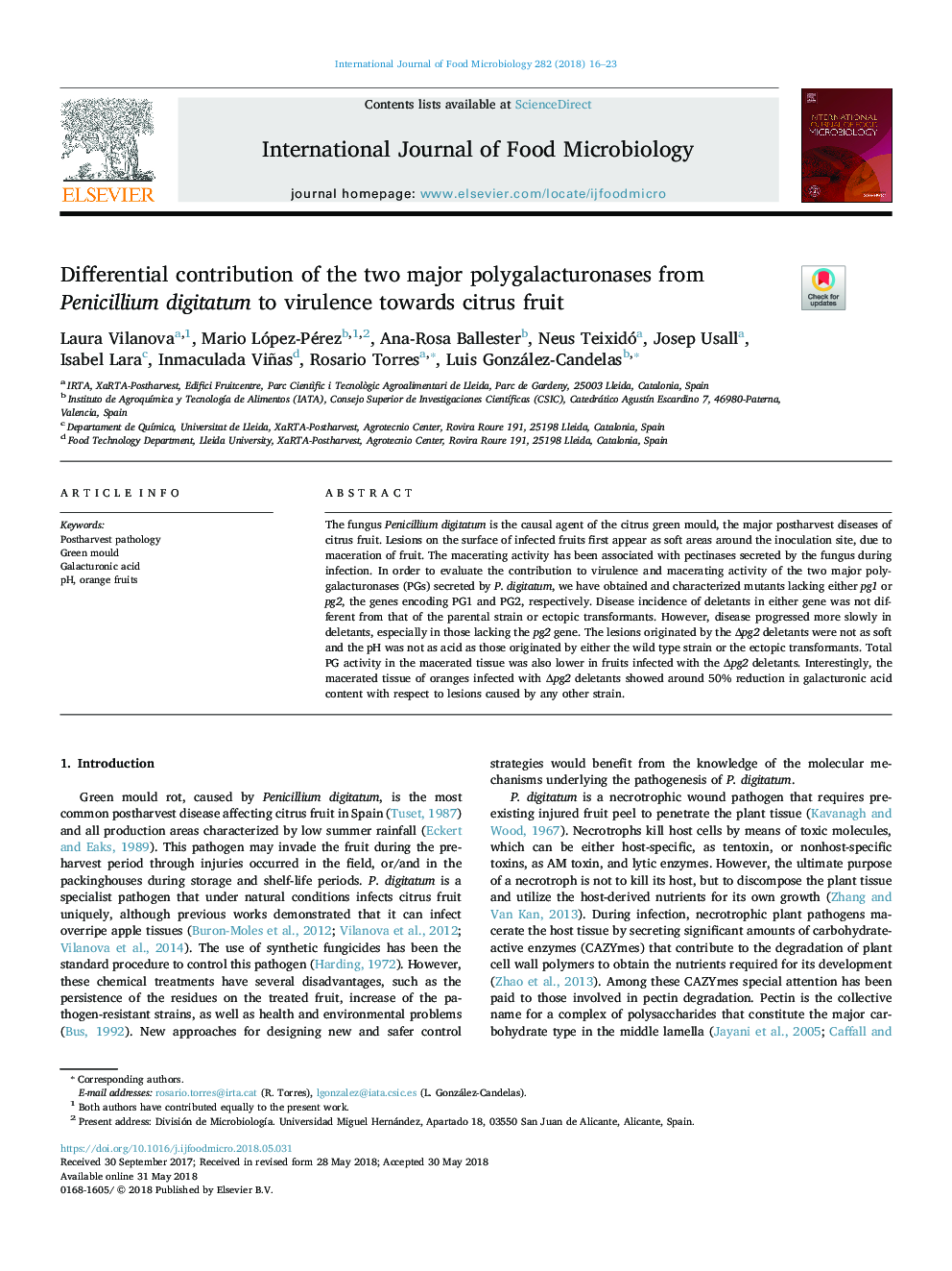 Differential contribution of the two major polygalacturonases from Penicillium digitatum to virulence towards citrus fruit