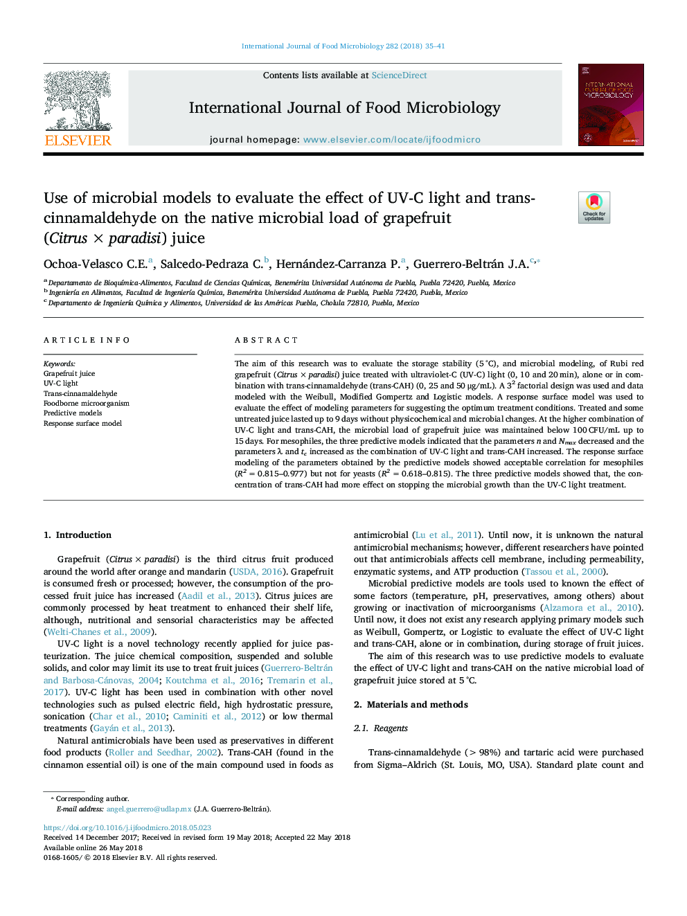 Use of microbial models to evaluate the effect of UV-C light and trans-cinnamaldehyde on the native microbial load of grapefruit (Citrusâ¯Ãâ¯paradisi) juice