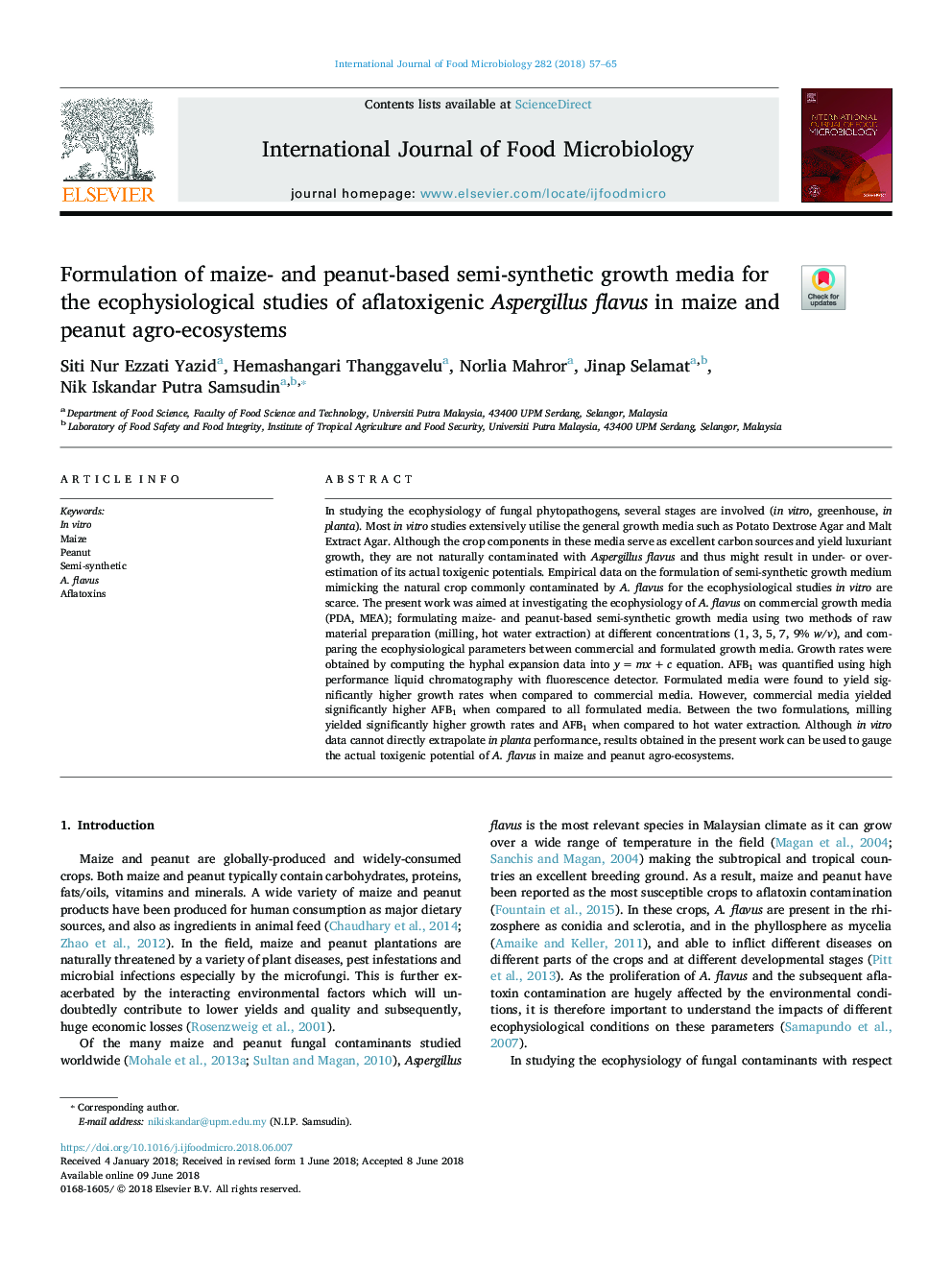 Formulation of maize- and peanut-based semi-synthetic growth media for the ecophysiological studies of aflatoxigenic Aspergillus flavus in maize and peanut agro-ecosystems