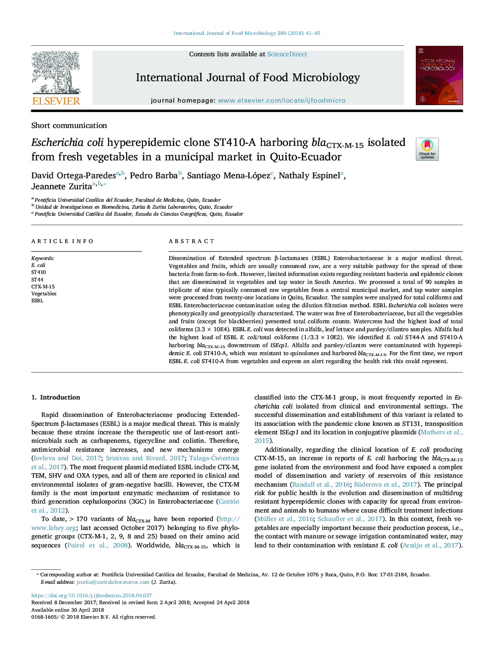 عکس صفحه اول مقاله: Escherichia coli hyperepidemic clone ST410-A harboring blaCTX-M-15 isolated from fresh vegetables in a municipal market in Quito-Ecuador Escherichia coli hyperepidemic clone ST410-A harboring blaCTX-M-15 isolated from fresh vegetables in a municipal market in Quito-Ecuador