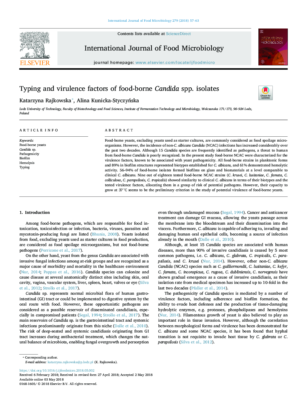 Typing and virulence factors of food-borne Candida spp. isolates