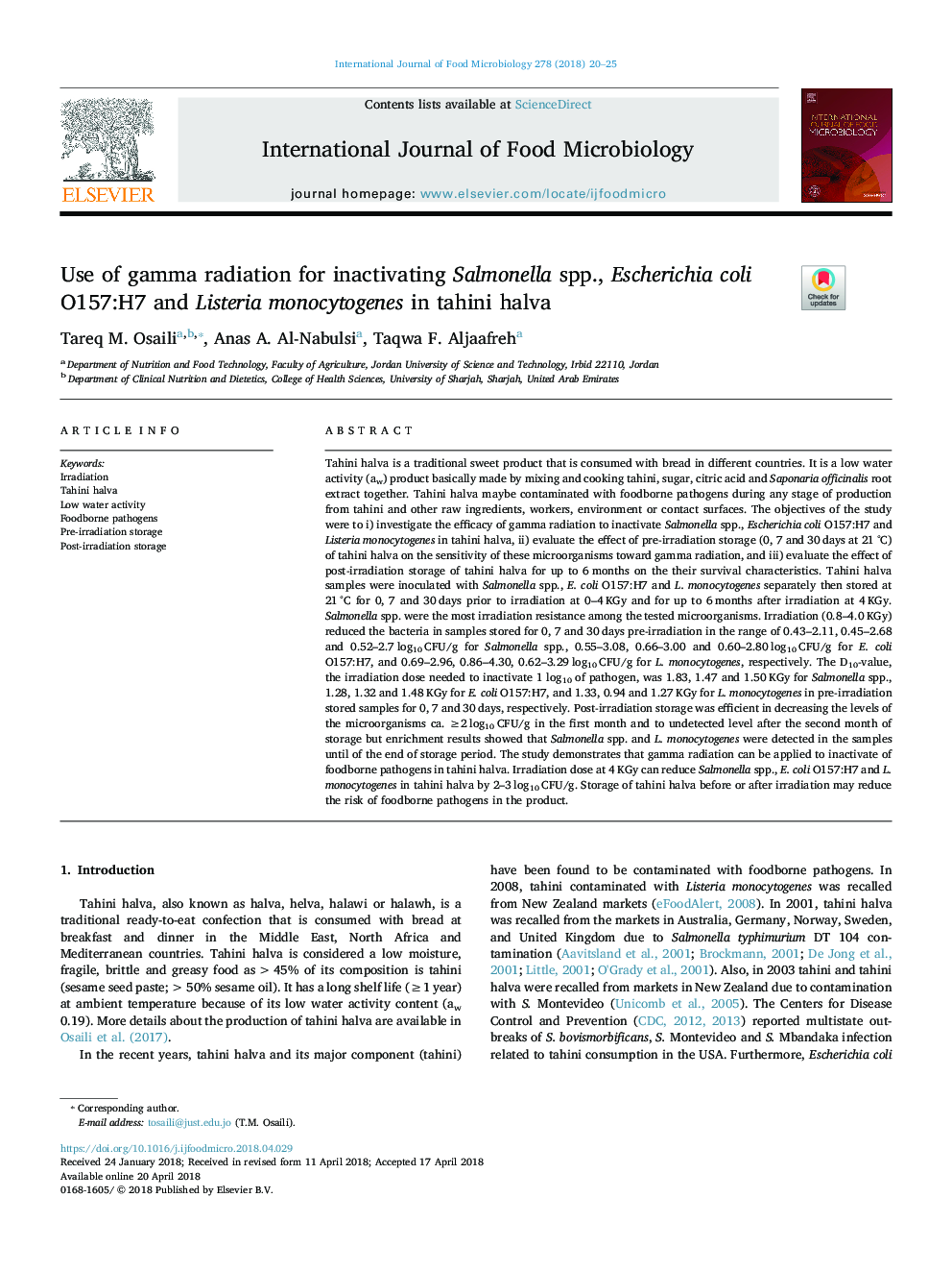 Use of gamma radiation for inactivating Salmonella spp., Escherichia coli O157:H7 and Listeria monocytogenes in tahini halva