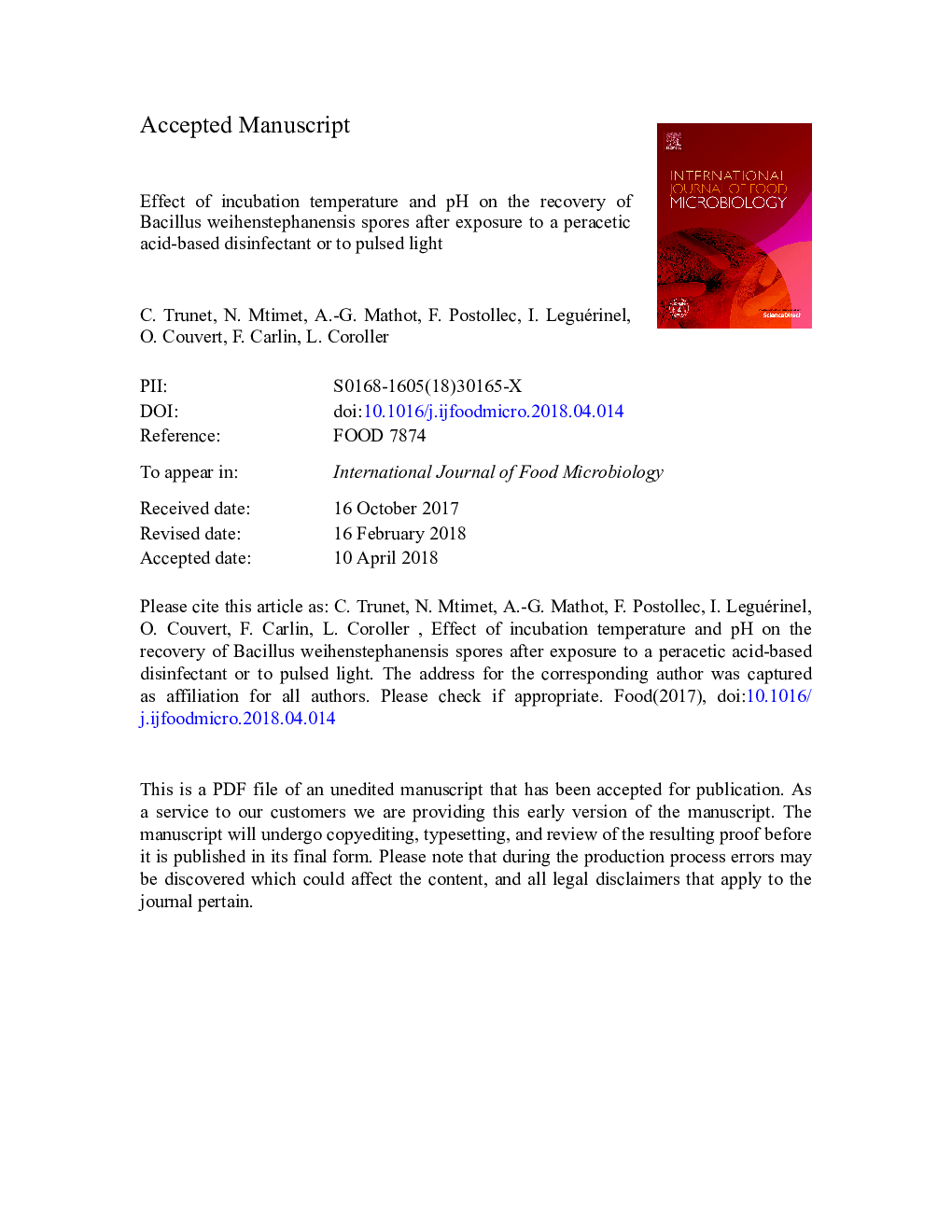 Effect of incubation temperature and pH on the recovery of Bacillus weihenstephanensis spores after exposure to a peracetic acid-based disinfectant or to pulsed light