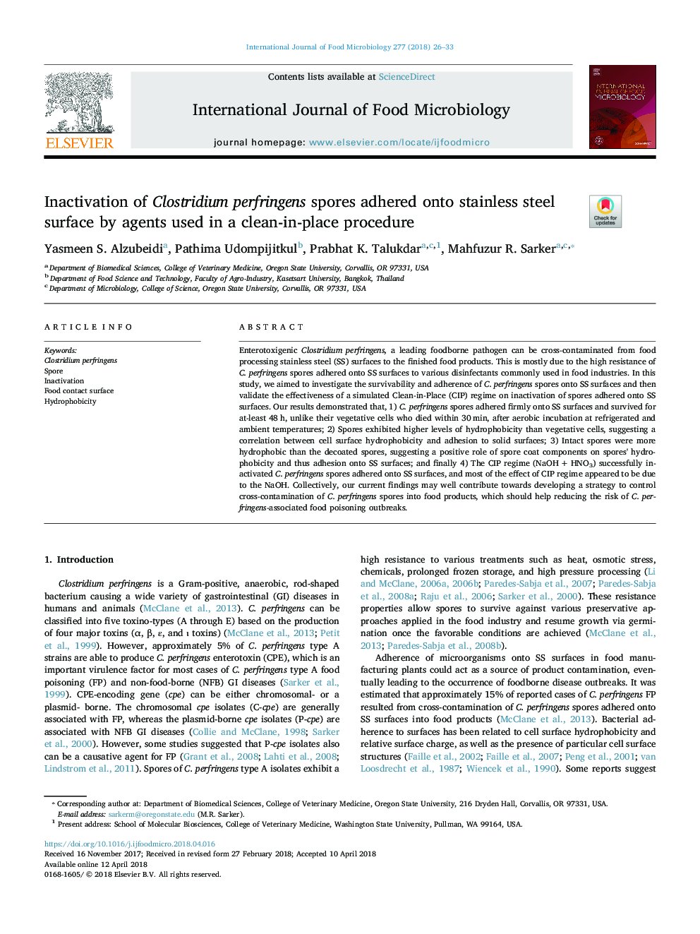 Inactivation of Clostridium perfringens spores adhered onto stainless steel surface by agents used in a clean-in-place procedure