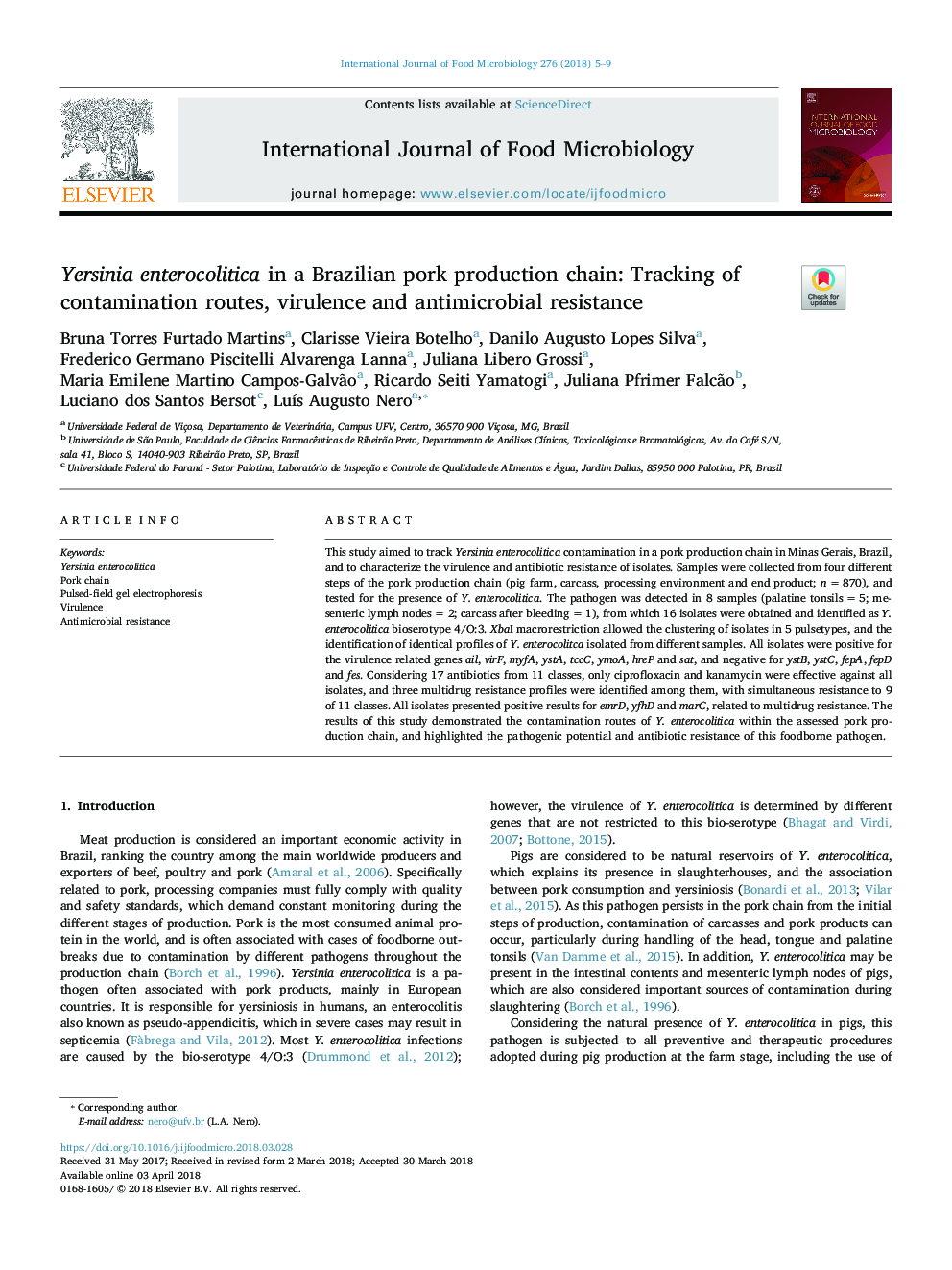 Yersinia enterocolitica in a Brazilian pork production chain: Tracking of contamination routes, virulence and antimicrobial resistance