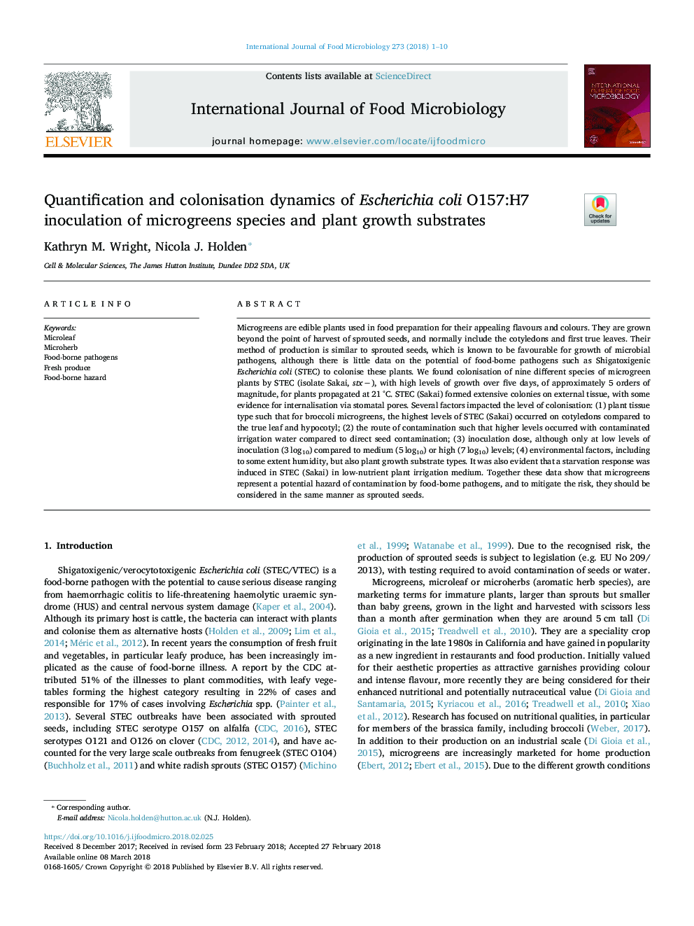 Quantification and colonisation dynamics of Escherichia coli O157:H7 inoculation of microgreens species and plant growth substrates