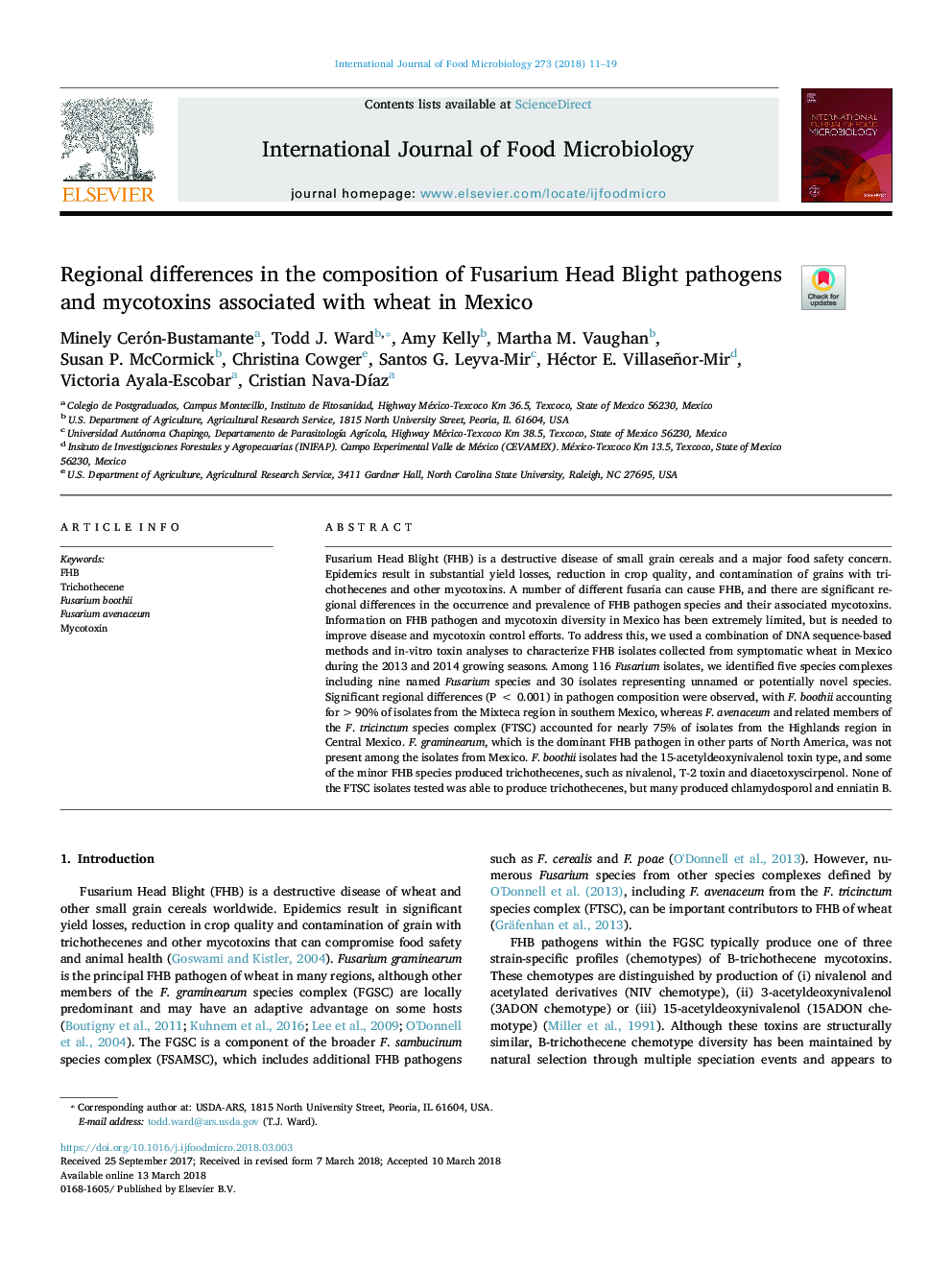 Regional differences in the composition of Fusarium Head Blight pathogens and mycotoxins associated with wheat in Mexico