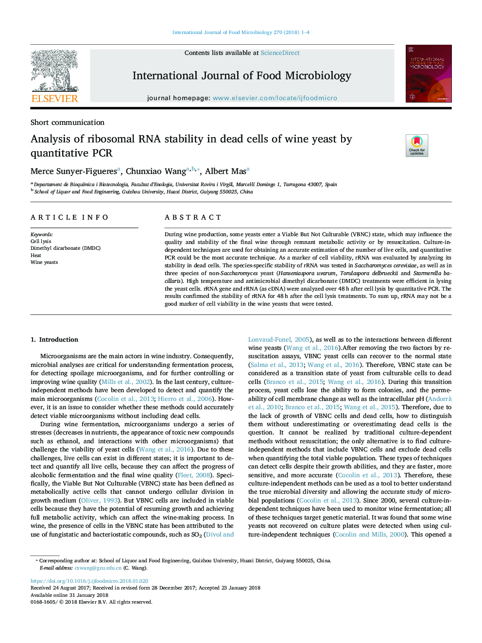 Analysis of ribosomal RNA stability in dead cells of wine yeast by quantitative PCR