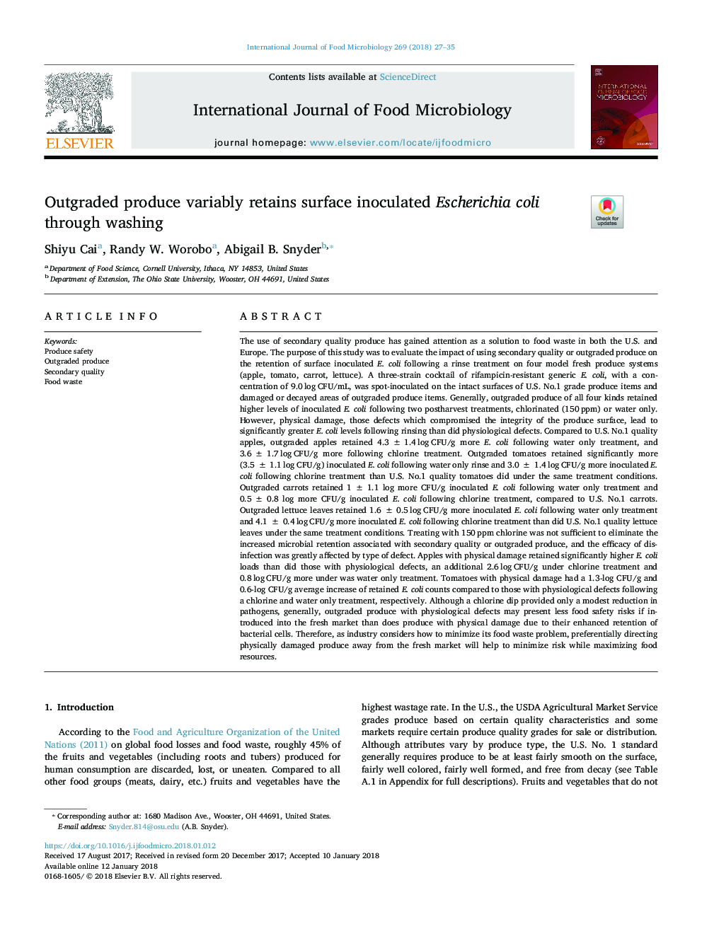 Outgraded produce variably retains surface inoculated Escherichia coli through washing