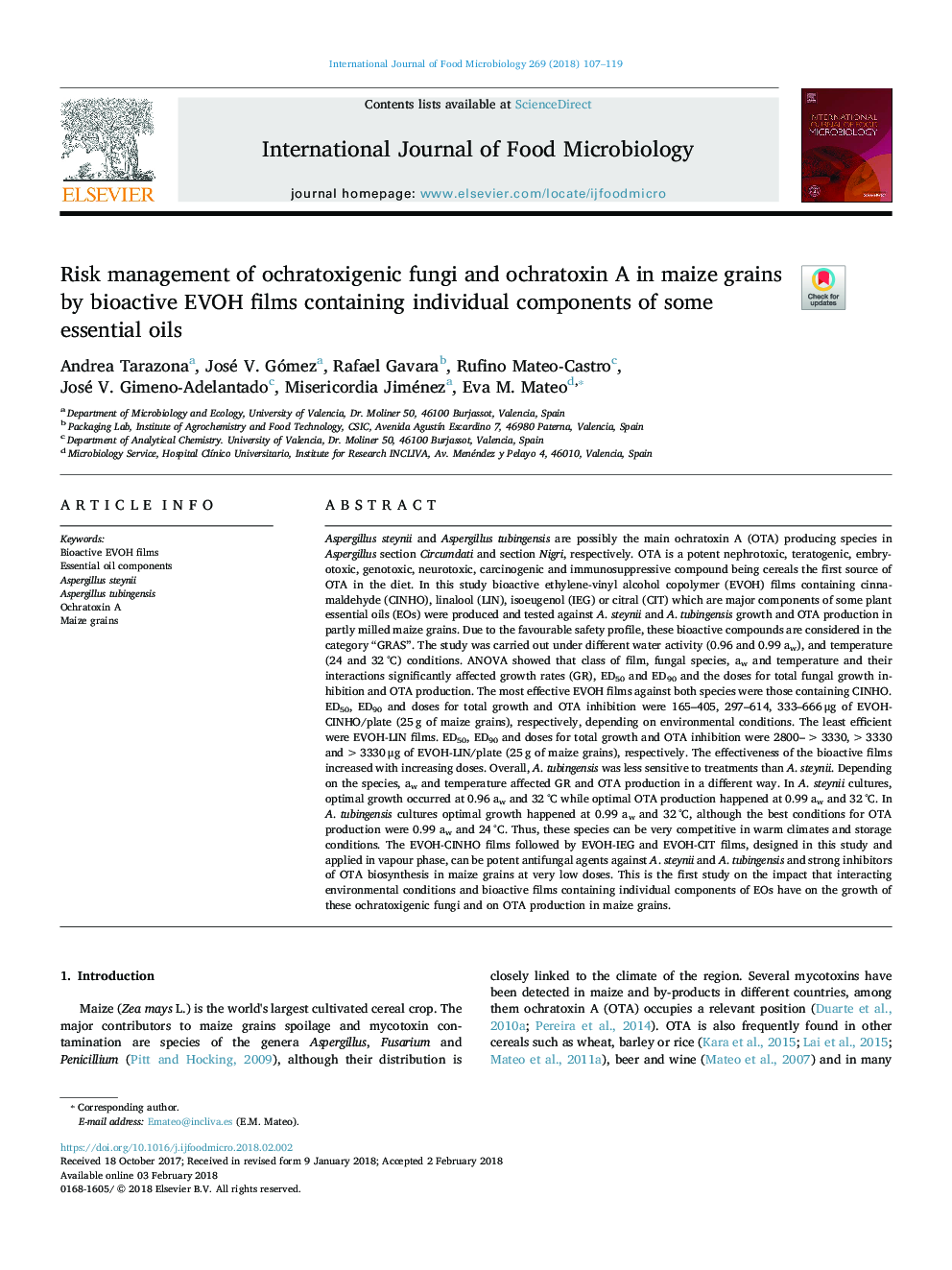 Risk management of ochratoxigenic fungi and ochratoxin A in maize grains by bioactive EVOH films containing individual components of some essential oils