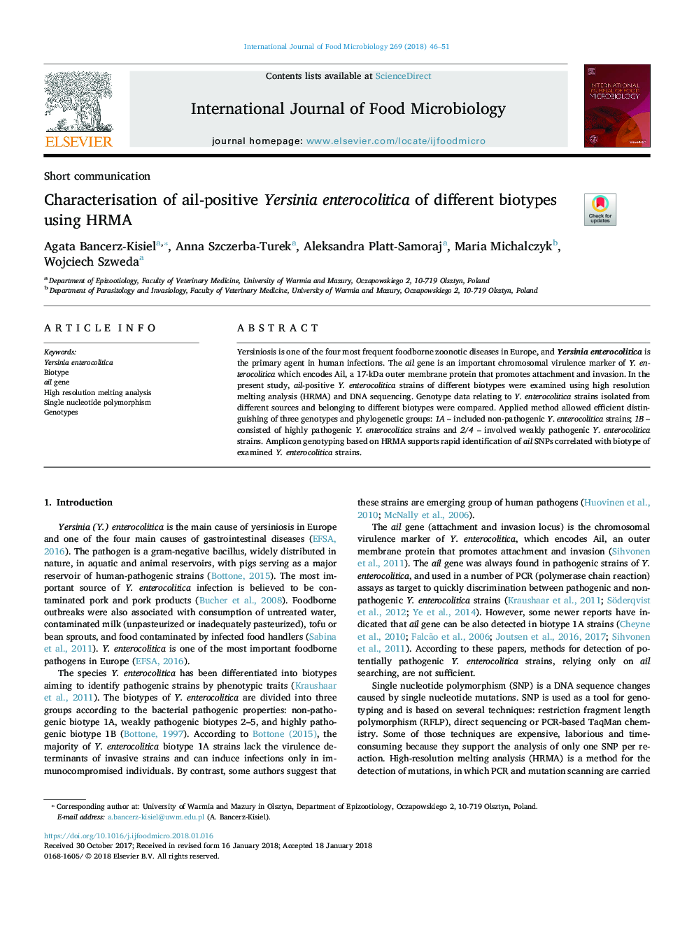 Characterisation of ail-positive Yersinia enterocolitica of different biotypes using HRMA