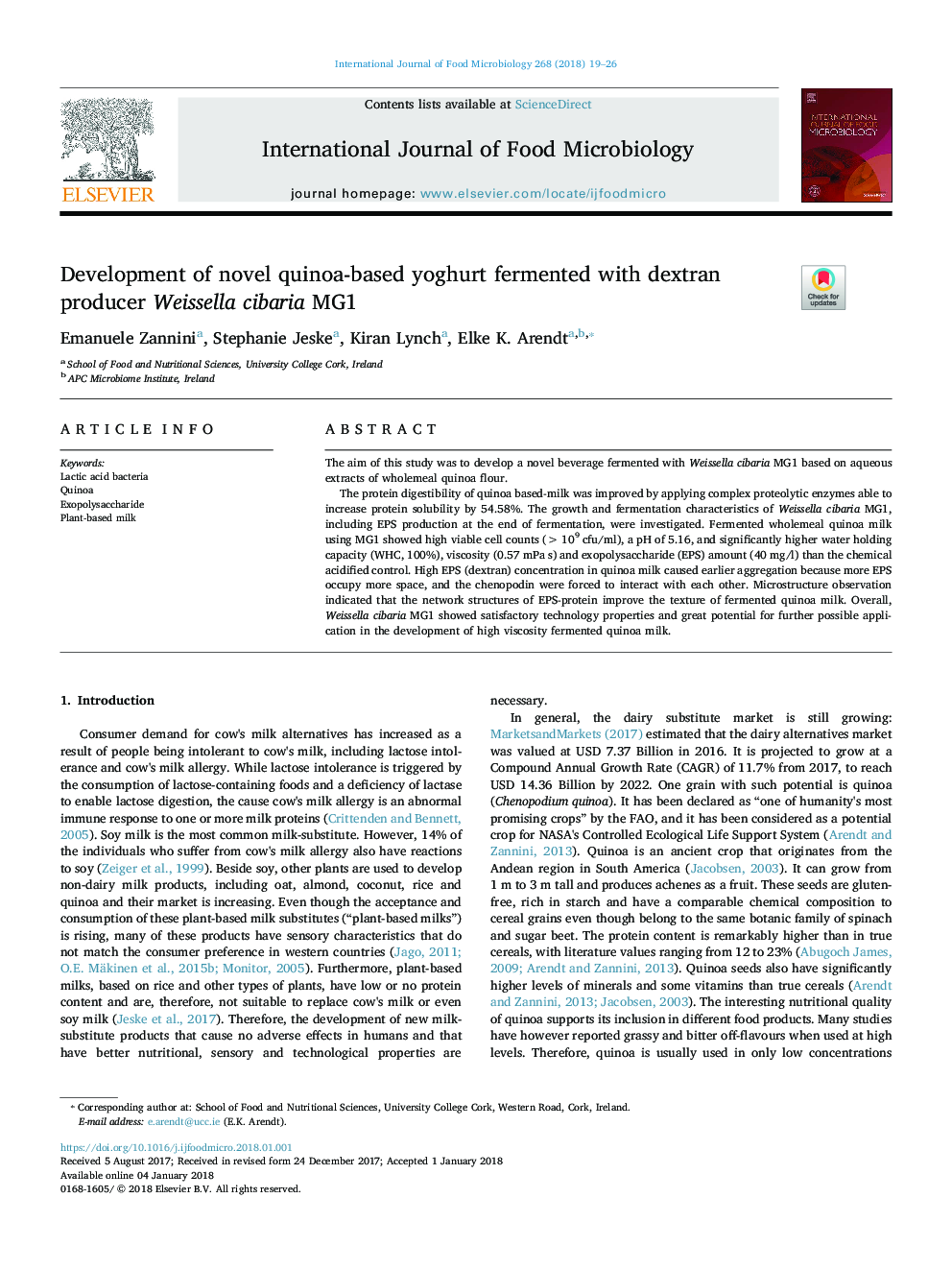 Development of novel quinoa-based yoghurt fermented with dextran producer Weissella cibaria MG1