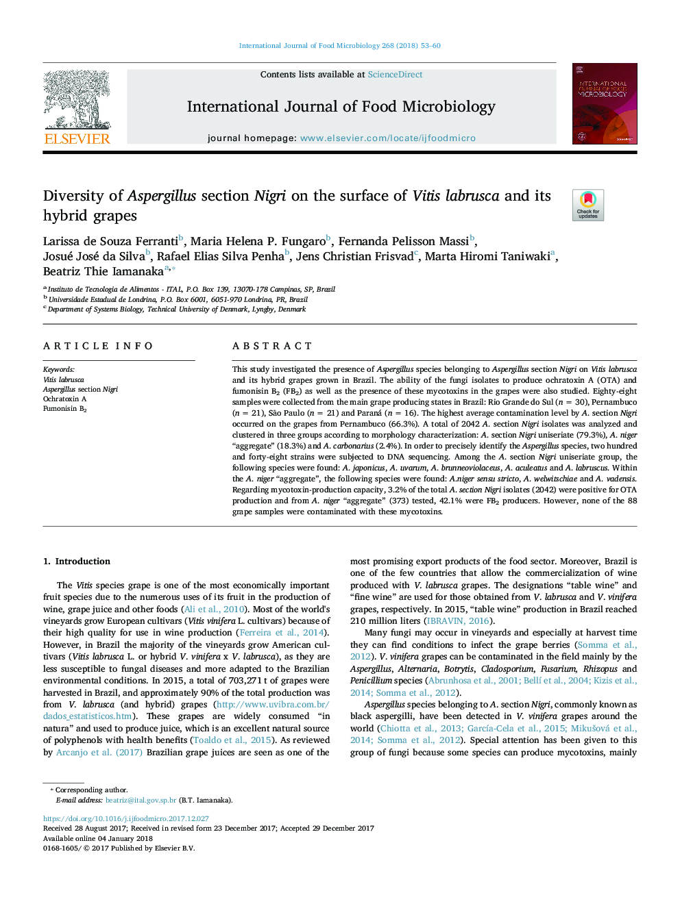 Diversity of Aspergillus section Nigri on the surface of Vitis labrusca and its hybrid grapes