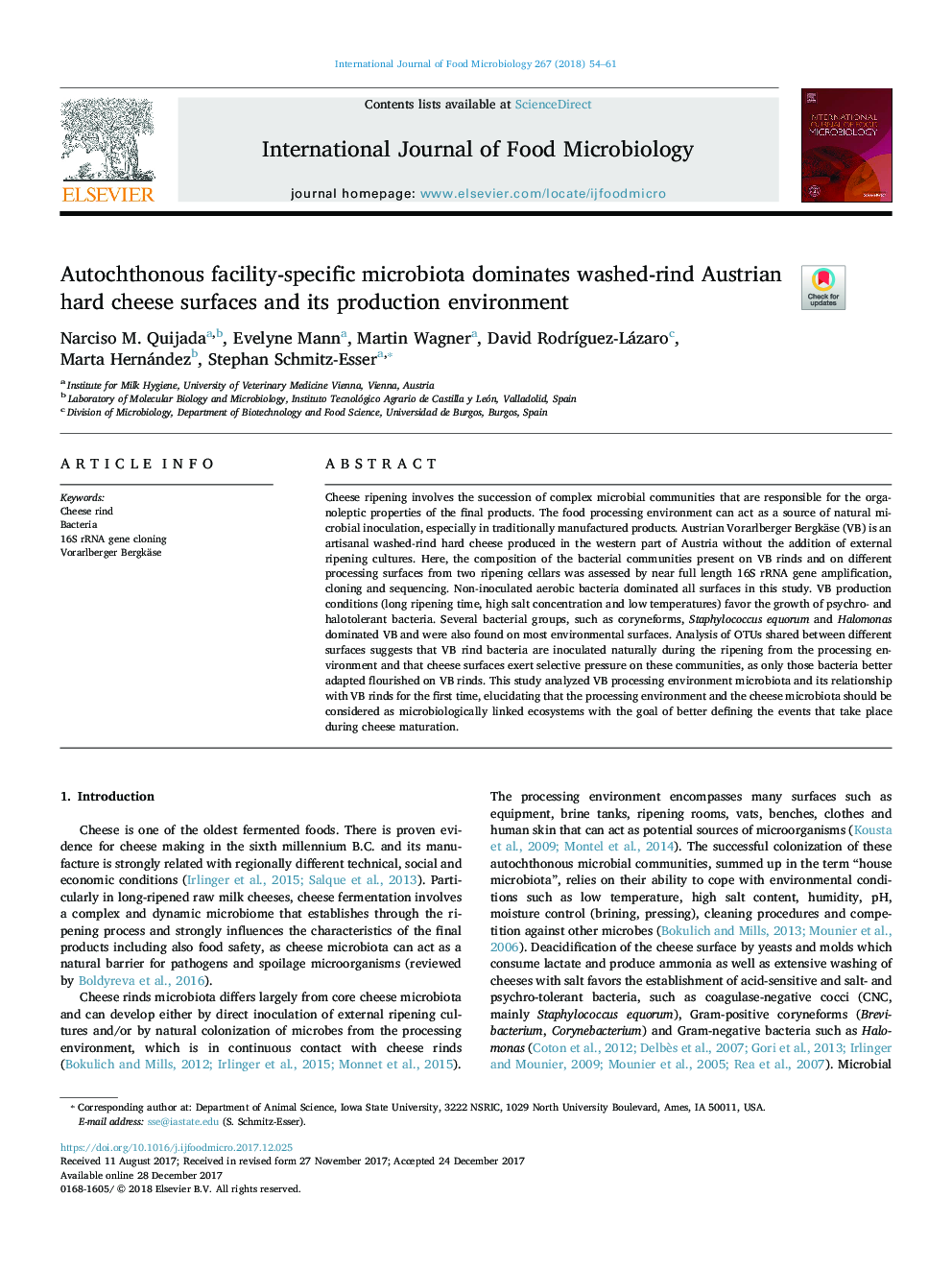 Autochthonous facility-specific microbiota dominates washed-rind Austrian hard cheese surfaces and its production environment