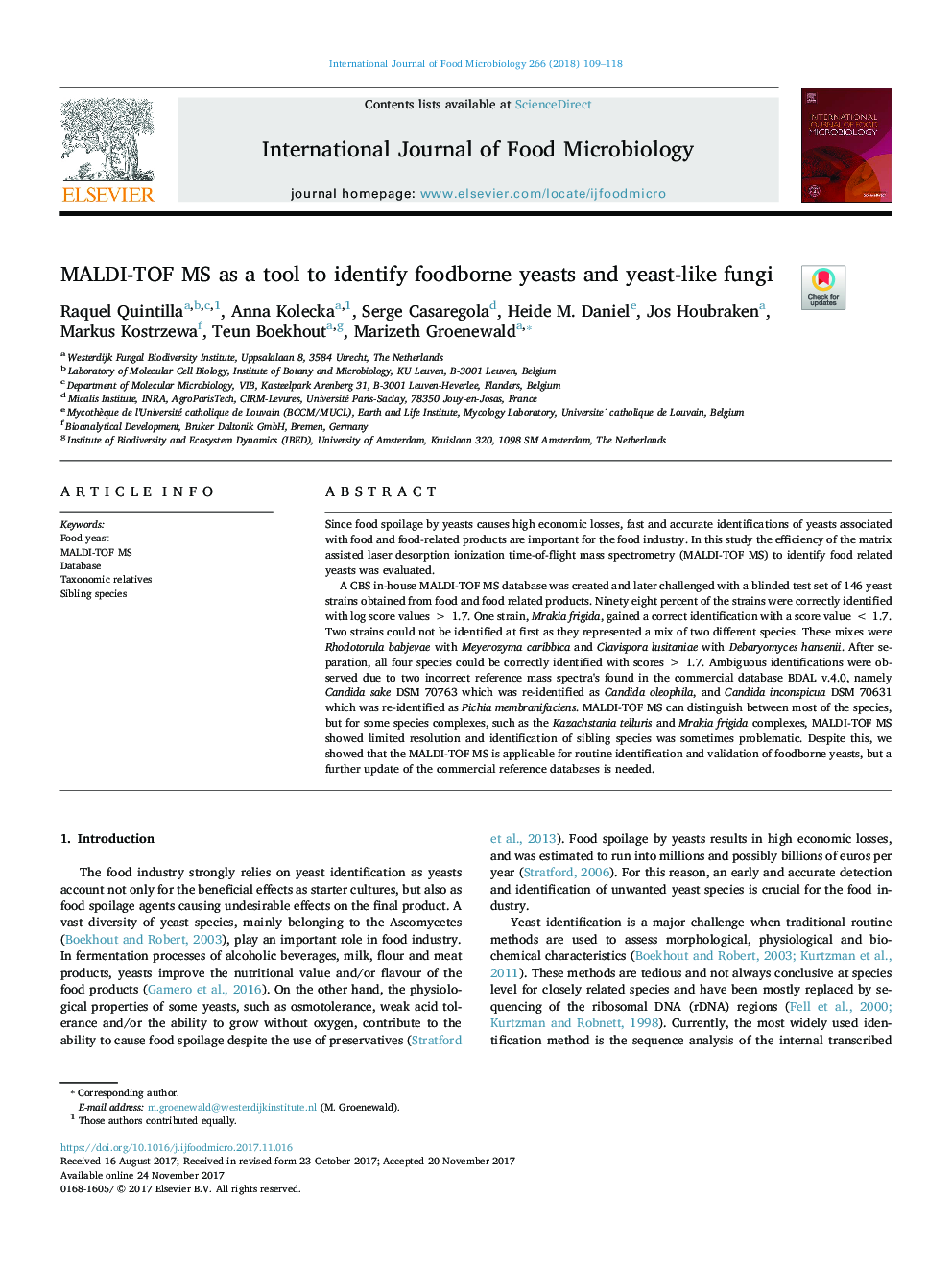 MALDI-TOF MS as a tool to identify foodborne yeasts and yeast-like fungi