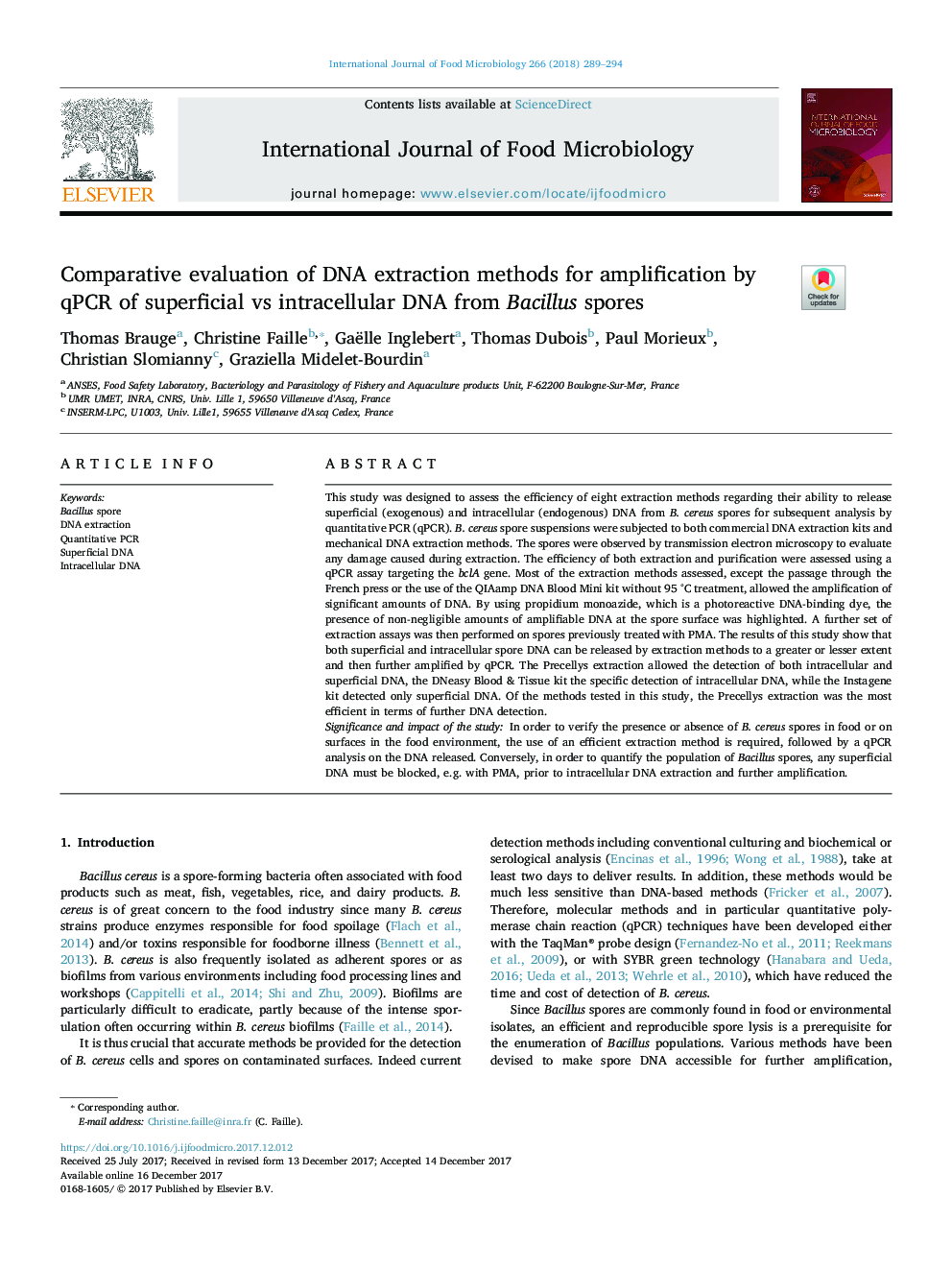Comparative evaluation of DNA extraction methods for amplification by qPCR of superficial vs intracellular DNA from Bacillus spores