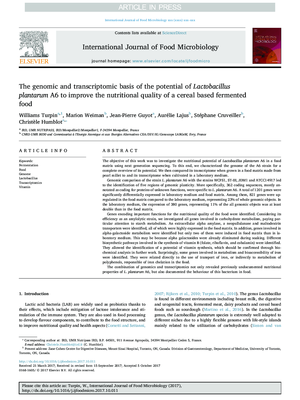 The genomic and transcriptomic basis of the potential of Lactobacillus plantarum A6 to improve the nutritional quality of a cereal based fermented food