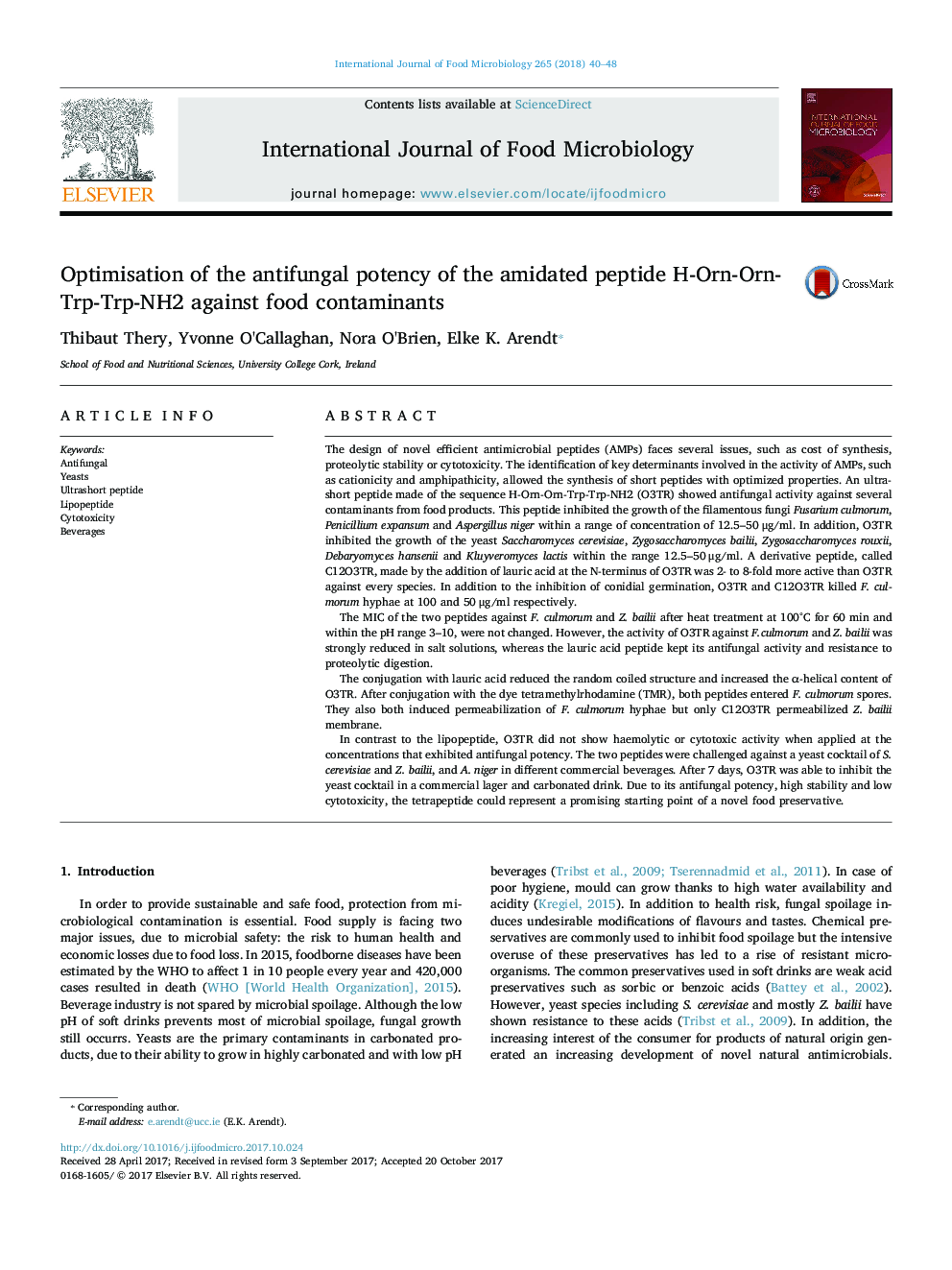 Optimisation of the antifungal potency of the amidated peptide H-Orn-Orn-Trp-Trp-NH2 against food contaminants