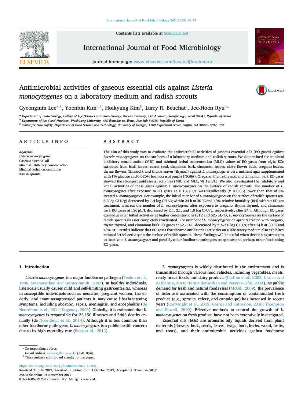 Antimicrobial activities of gaseous essential oils against Listeria monocytogenes on a laboratory medium and radish sprouts