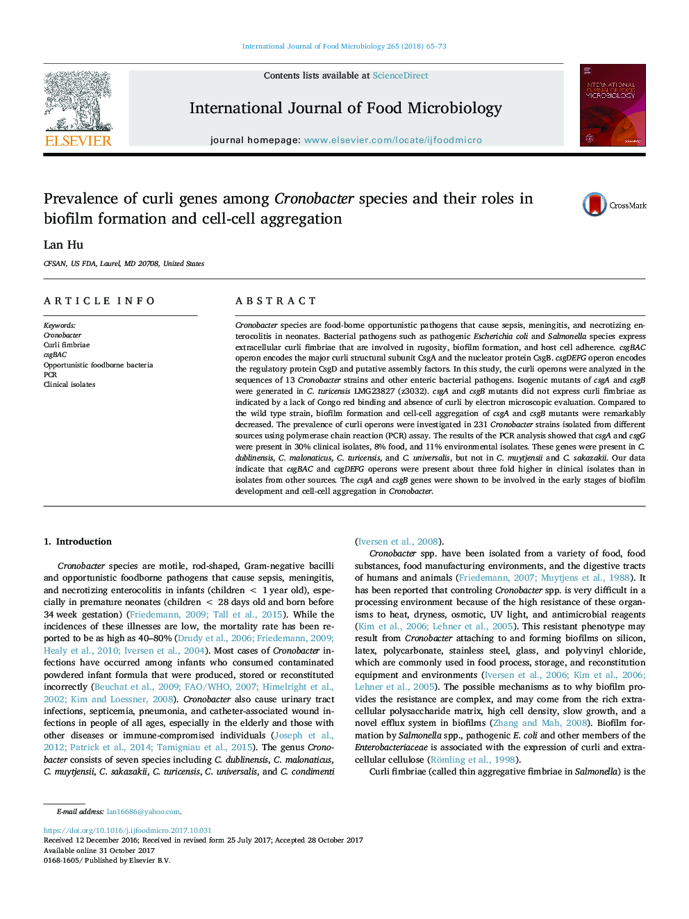 Prevalence of curli genes among Cronobacter species and their roles in biofilm formation and cell-cell aggregation