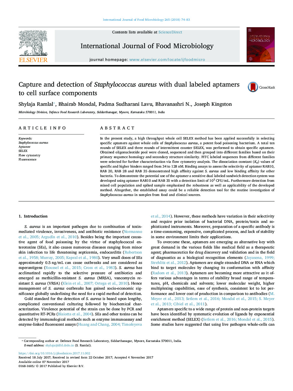 Capture and detection of Staphylococcus aureus with dual labeled aptamers to cell surface components