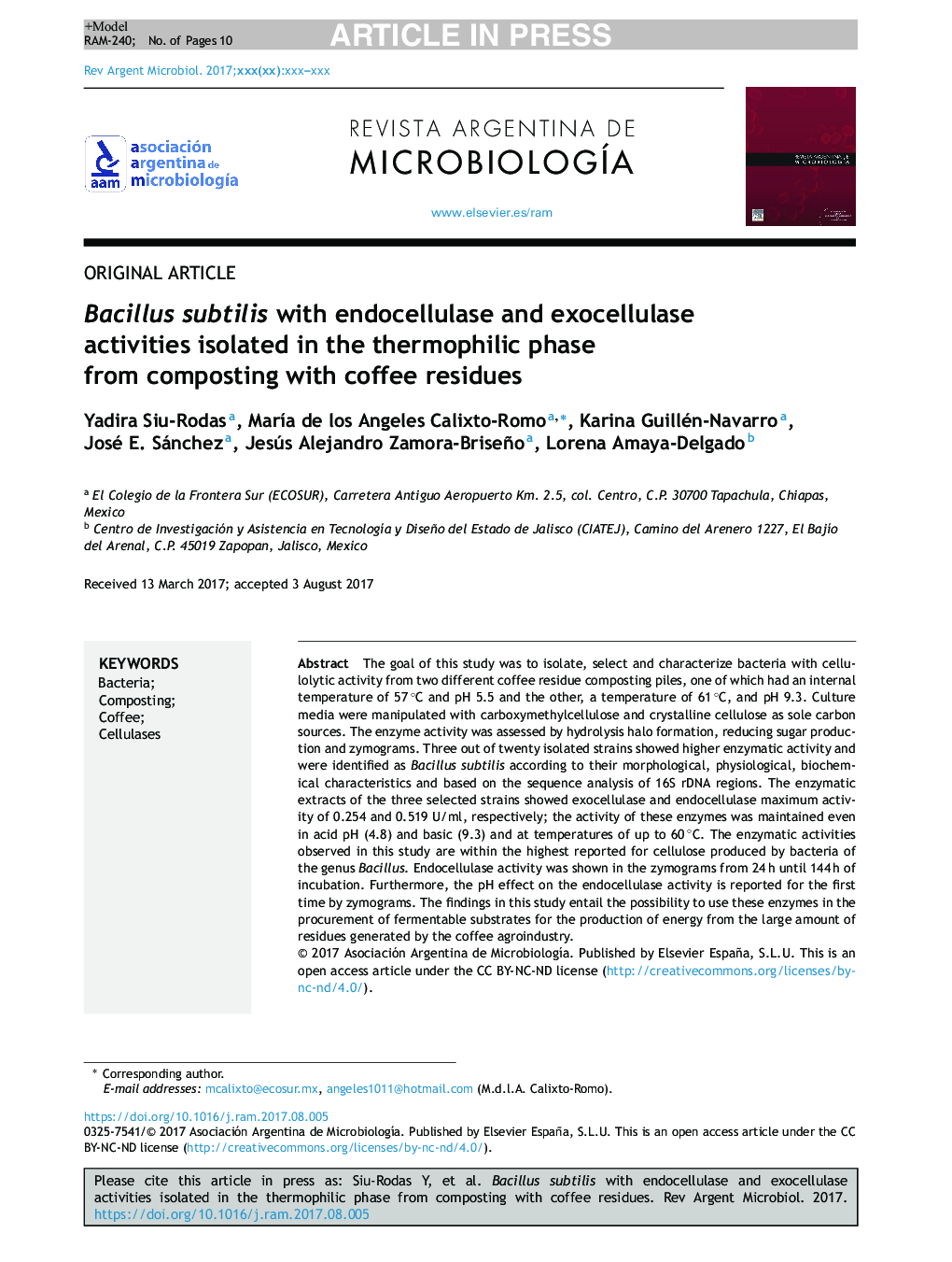 Bacillus subtilis with endocellulase and exocellulase activities isolated in the thermophilic phase from composting with coffee residues