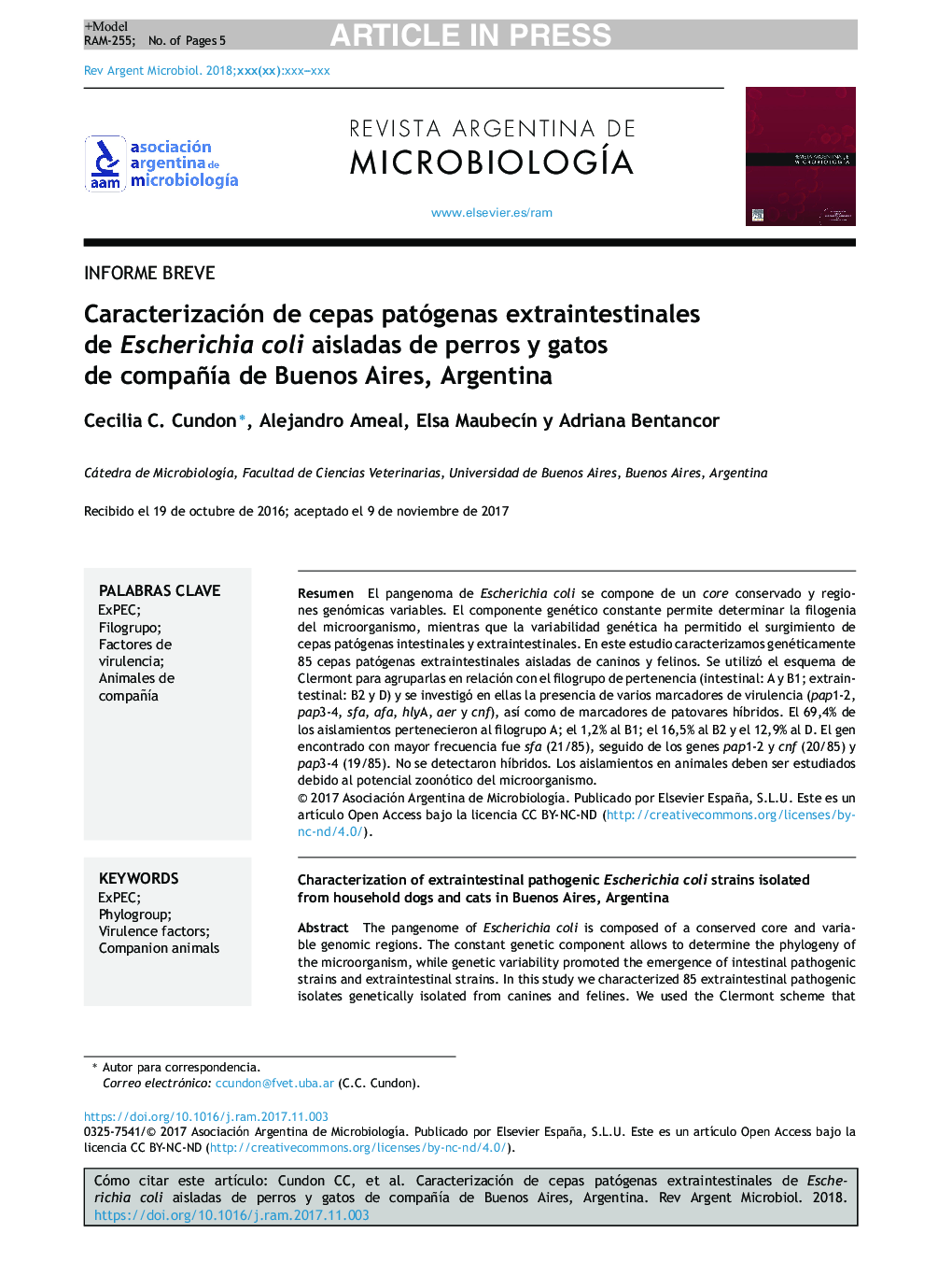 Caracterización de cepas patógenas extraintestinales de Escherichia coli aisladas de perros y gatos de compañÃ­a de Buenos Aires, Argentina