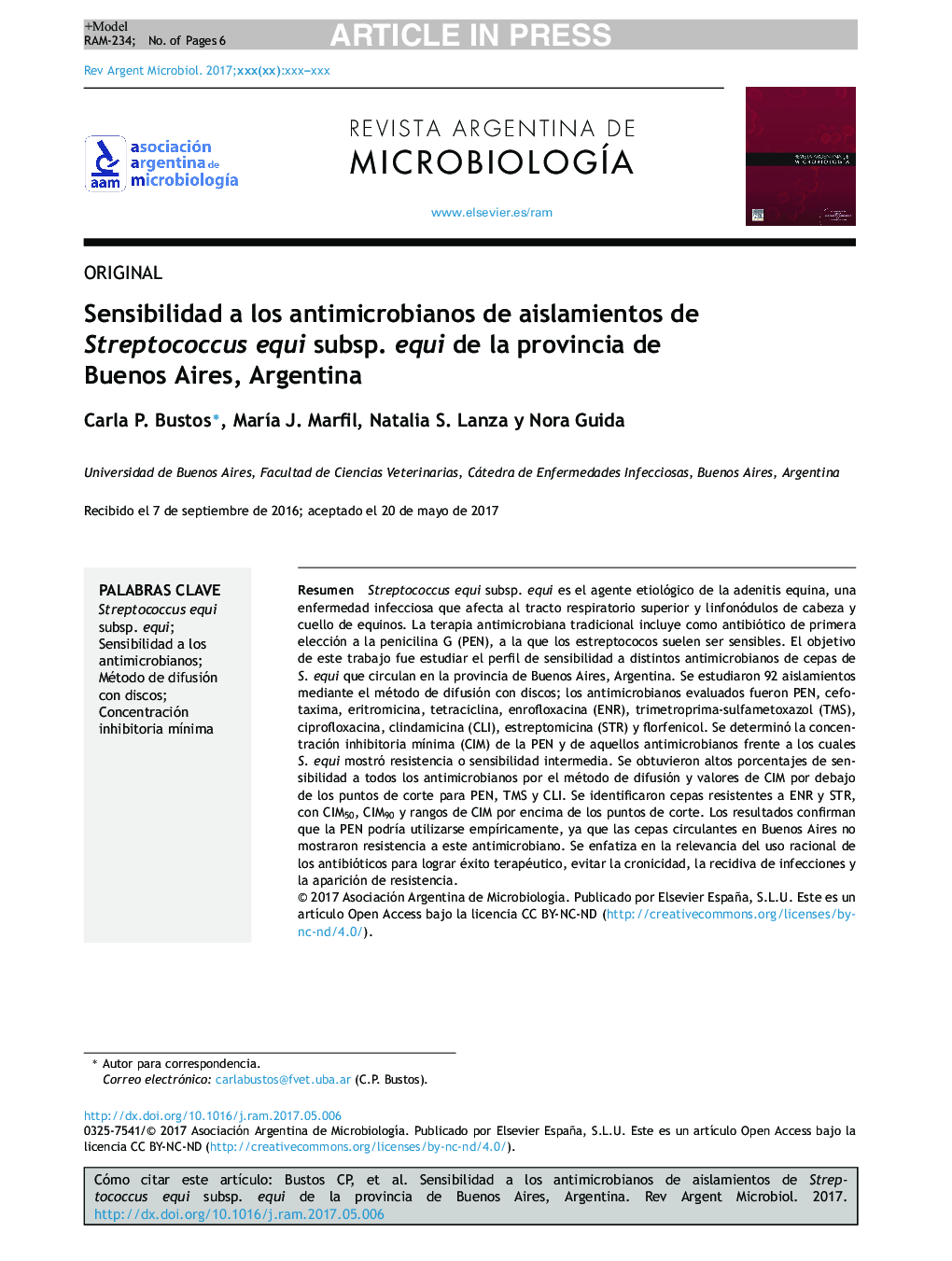 Sensibilidad a los antimicrobianos de aislamientos de Streptococcus equi subsp. equi de la provincia de Buenos Aires, Argentina