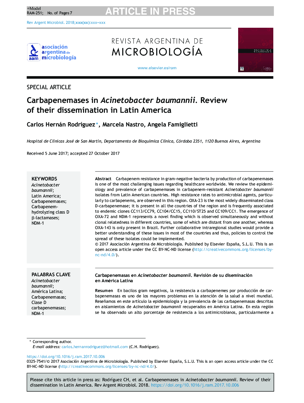 Carbapenemases in Acinetobacter baumannii. Review of their dissemination in Latin America