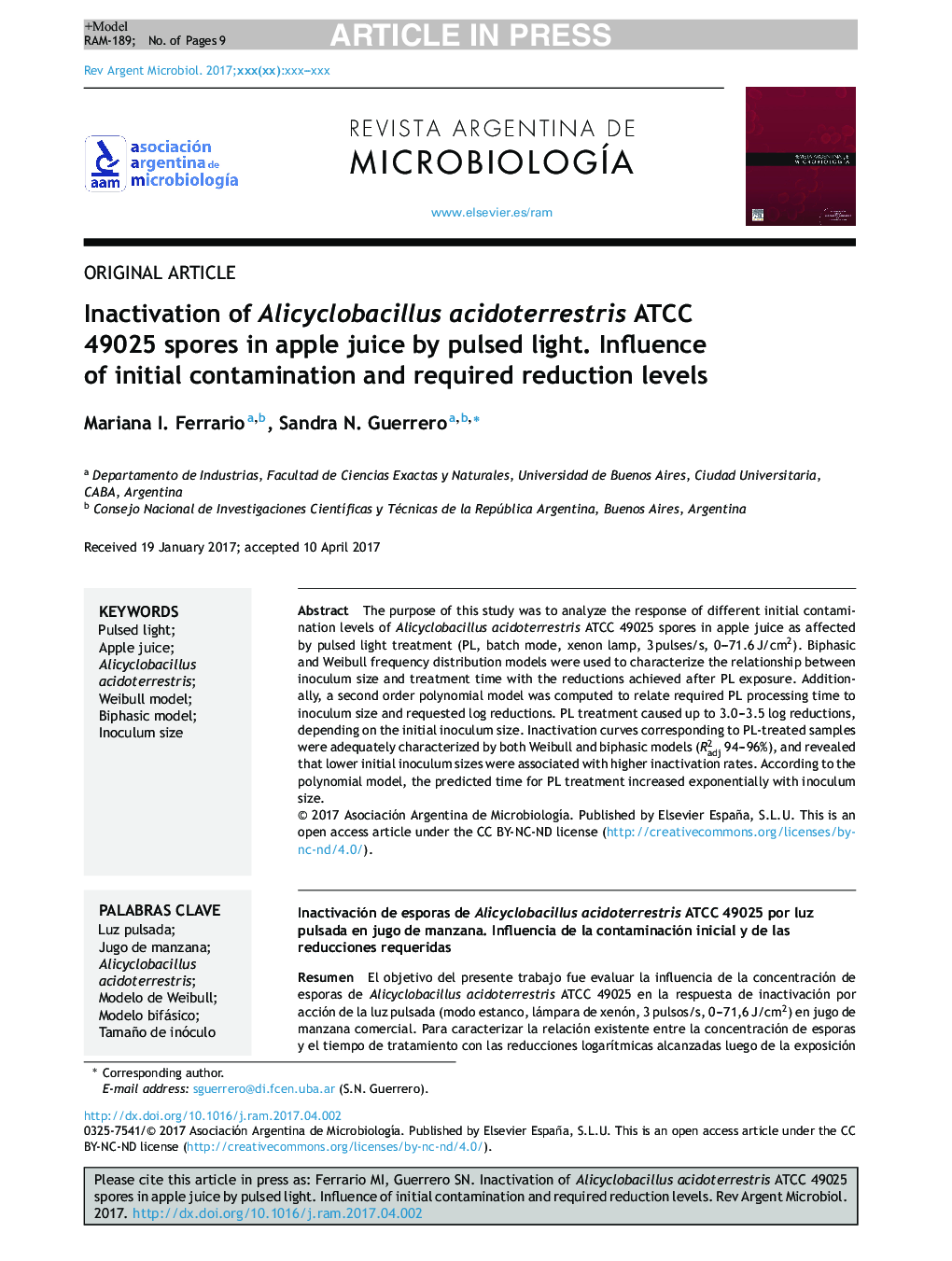 Inactivation of Alicyclobacillus acidoterrestris ATCC 49025 spores in apple juice by pulsed light. Influence of initial contamination and required reduction levels