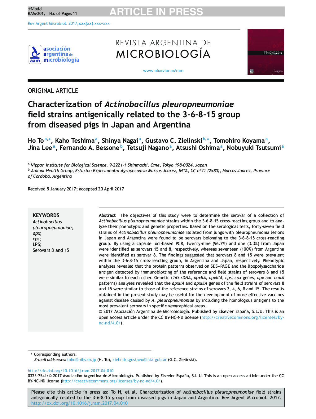 Characterization of Actinobacillus pleuropneumoniae field strains antigenically related to the 3-6-8-15 group from diseased pigs in Japan and Argentina