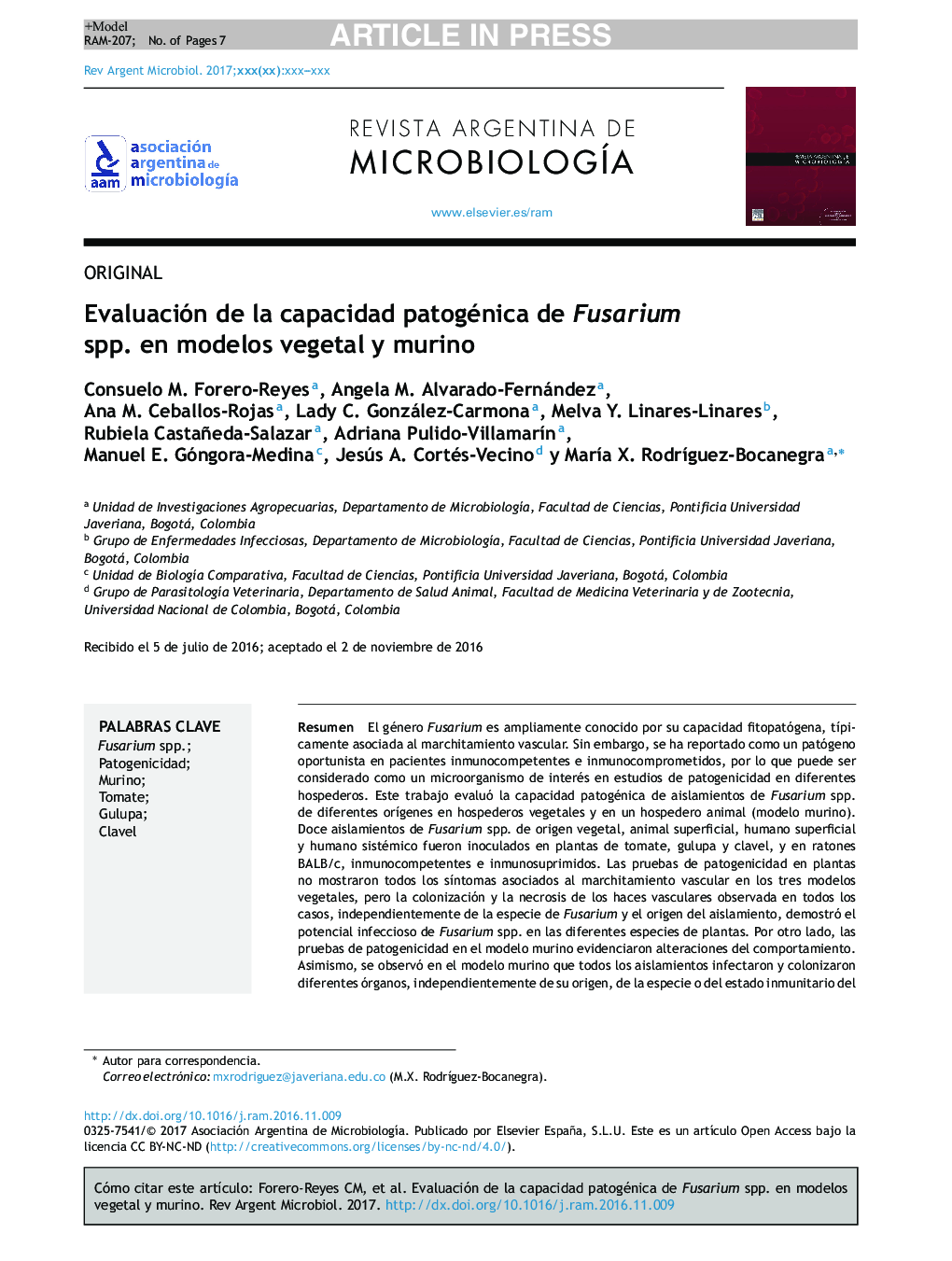 Evaluación de la capacidad patogénica de Fusarium spp. en modelos vegetal y murino