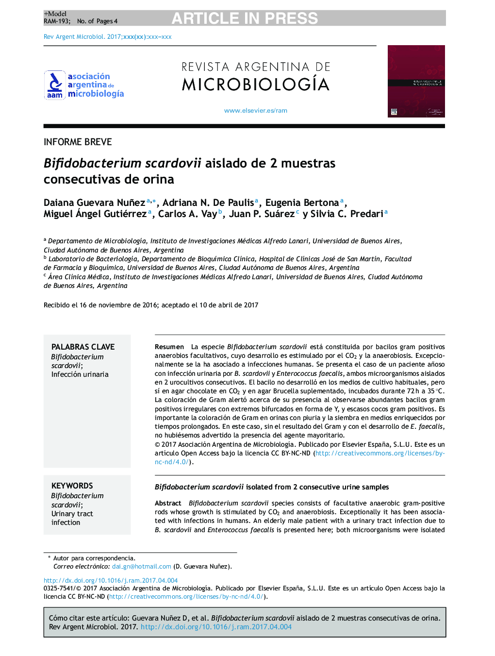 عکس صفحه اول مقاله: Bifidobacterium scardovii aislado de 2 muestras consecutivas de orina Bifidobacterium scardovii aislado de 2 muestras consecutivas de orina
