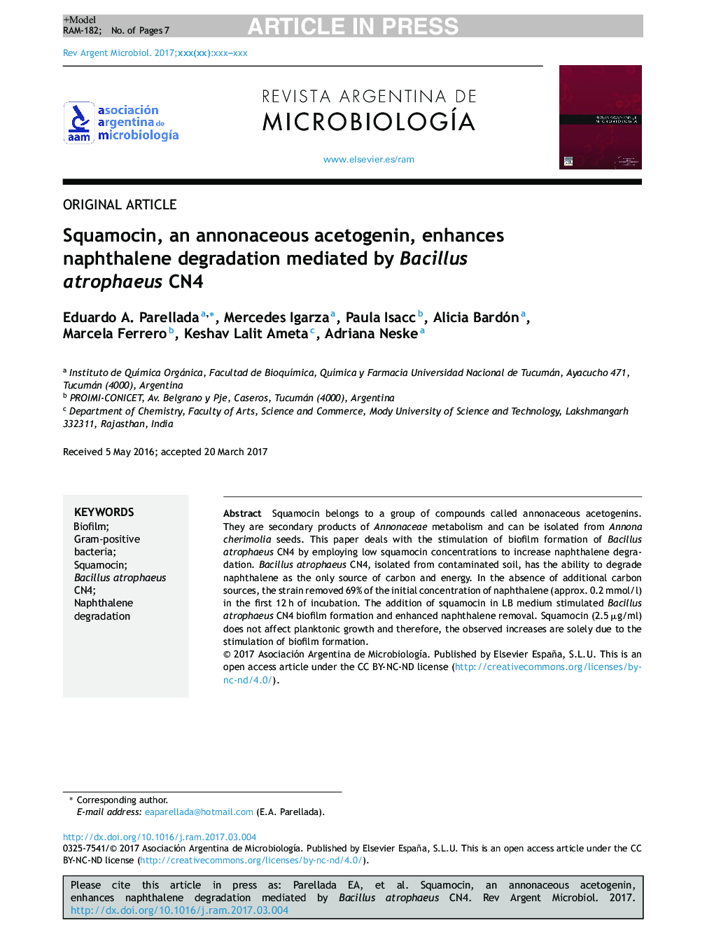 Squamocin, an annonaceous acetogenin, enhances naphthalene degradation mediated by Bacillus atrophaeus CN4